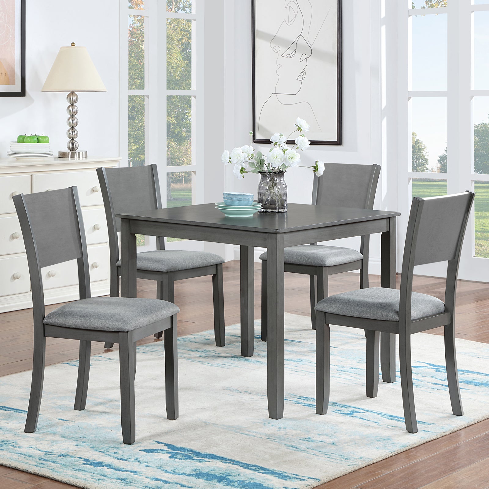 5 Piece Modern Dining Set, Square Wooden Dining Table with 4 Upholstered Chairs for Kitchen, Dining Room, Gray