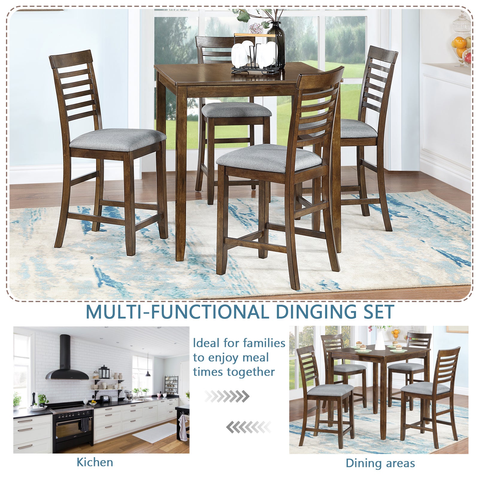 5 Piece Dining Table Set, Wooden Dining Square Table Set for 4, Counter Height Kitchen Table Set with Square Table and 4 Upholstered Chairs for Small Space, Walnut