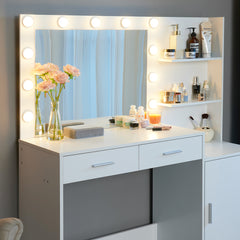 Vanity Desk with Mirror and Lights, 46.4IN Dressing Table with 2 Large Drawer&Large Vertical Organizer, 3 Level Dresser & 3 Lighting Modes Adjustable Brightness, Suitable for Bedroom(White)