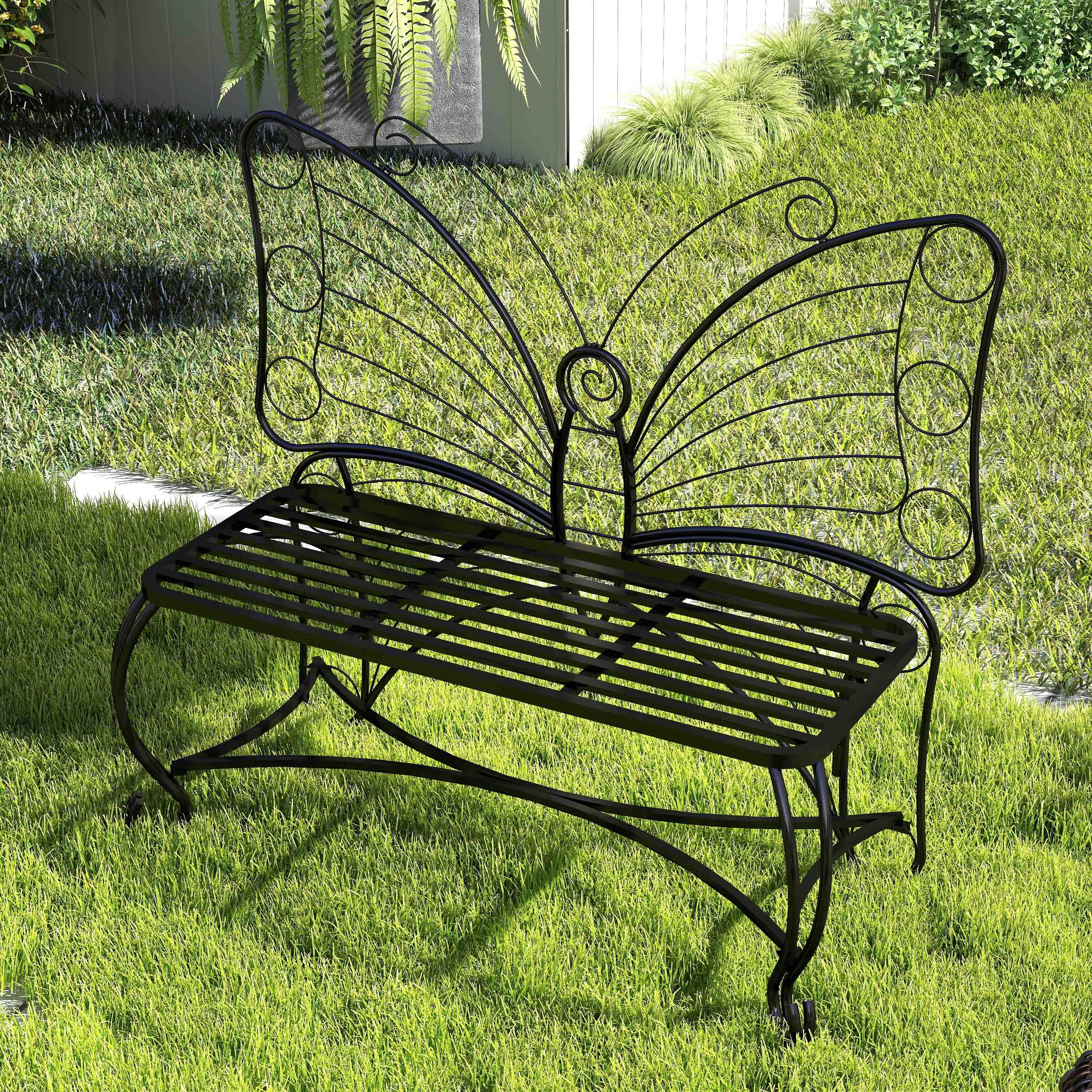 Butterfly Cast Metal Garden Bench, Outdoor Patio & Park Bench for Yard & Entryway