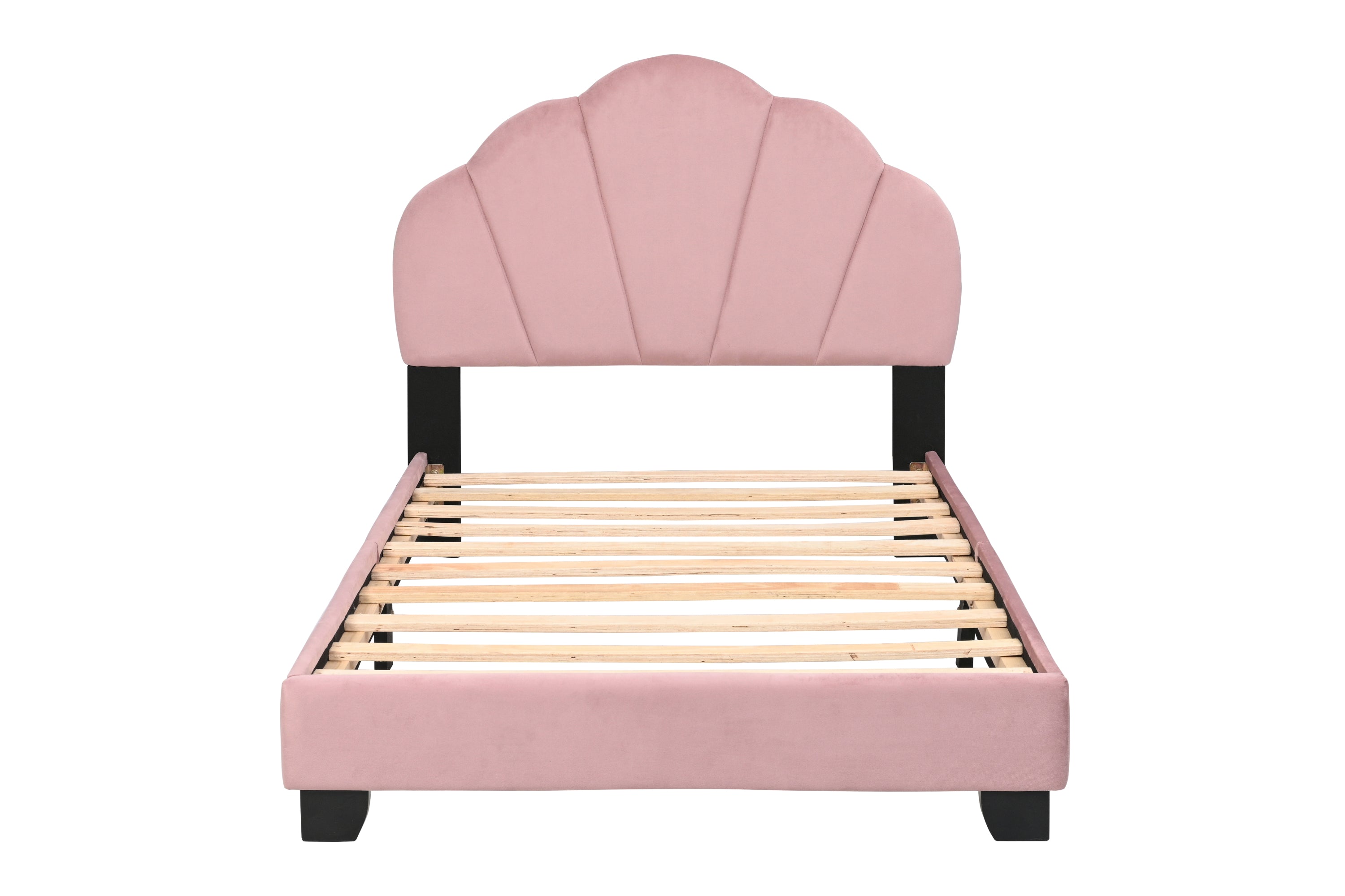 Upholstered Twin Size Platform Bed for Kids, Wooden Bed Frame with Slatted Bed Base, No Box Spring Needed, Cute Bed Frame with Shell Design Headboard for Girls Boys Teens, Pink