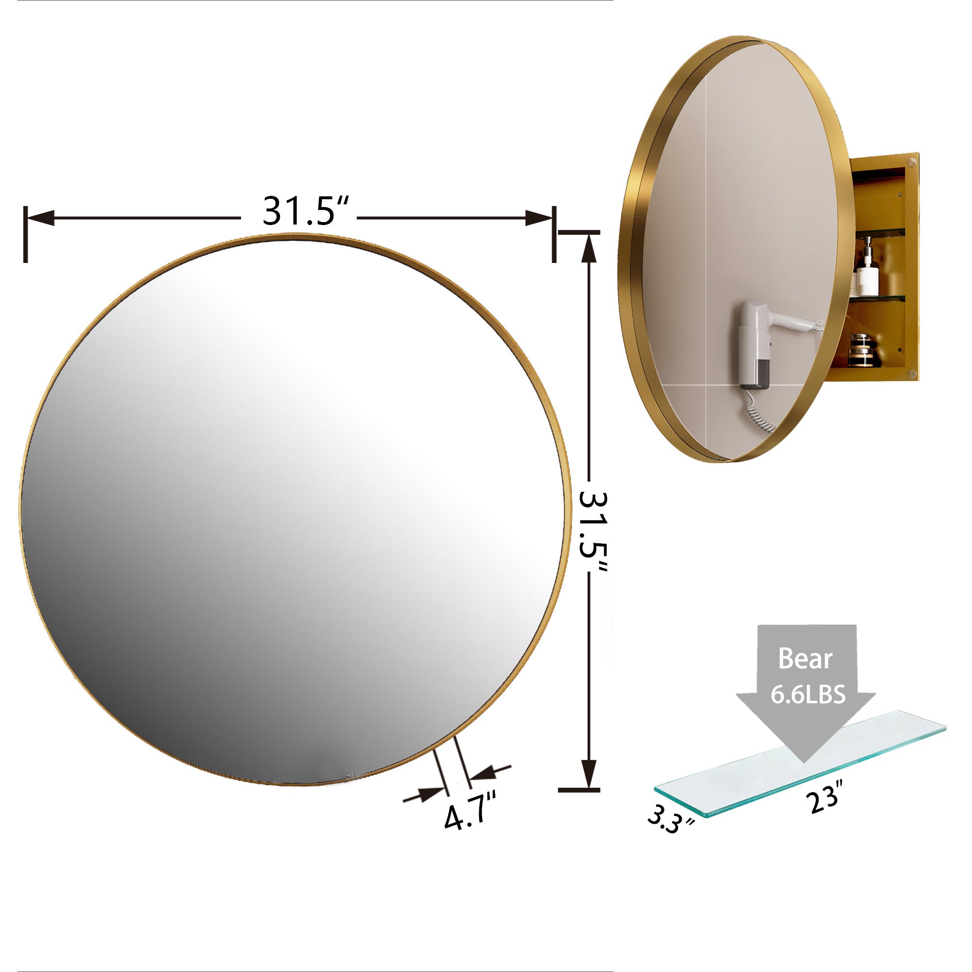 31.5 Inch Surface Mount Round Metal Framed Medicine Cabinet with Mirror and Adjustable Shelves Black Wall Mirror with Storage for Bathroom, Matte Gold