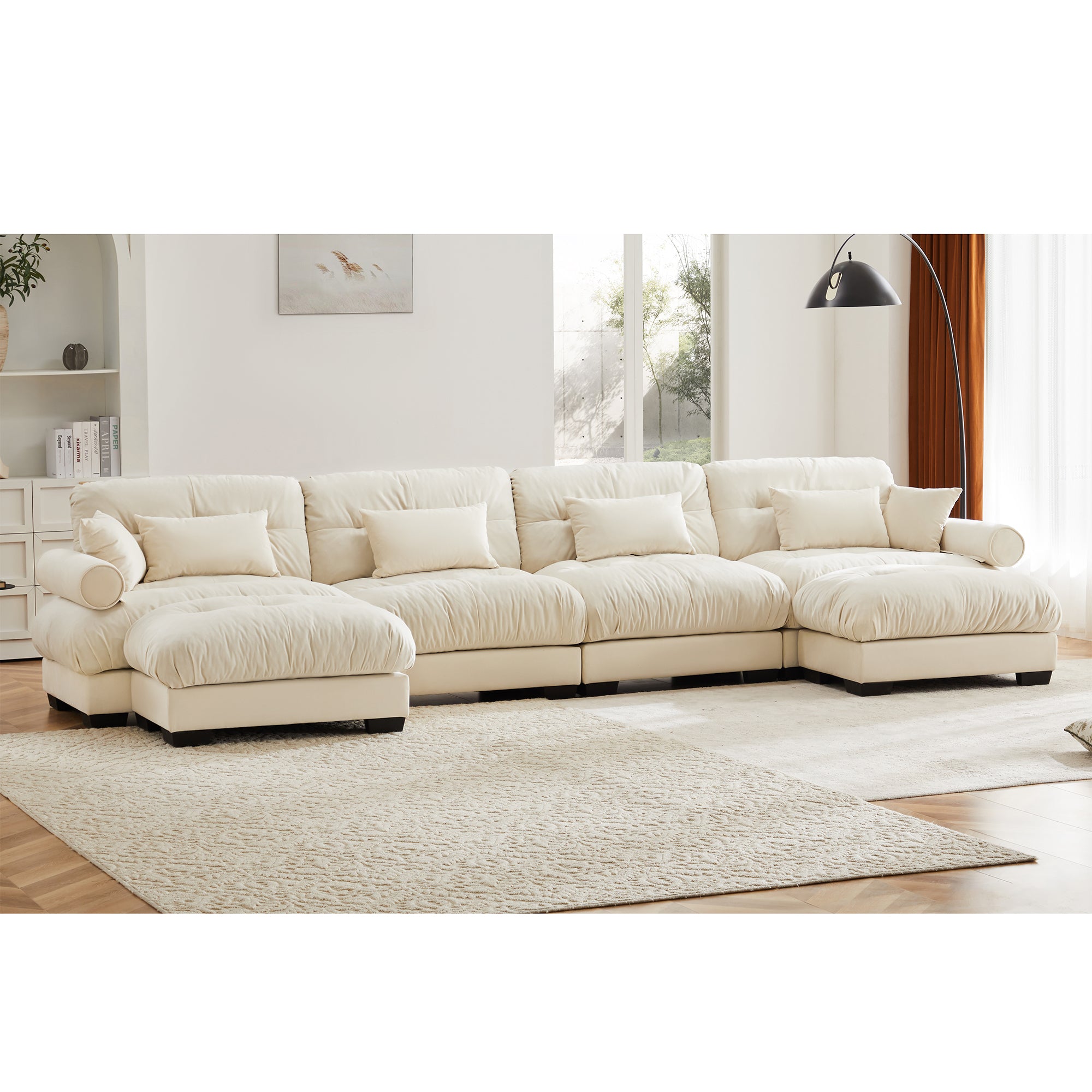 U-Shaped Velvet Sectional Cloud Couch with Movable Ottomans, Deep 4-Seater with Bolstered Armrests and Pillows, Cream