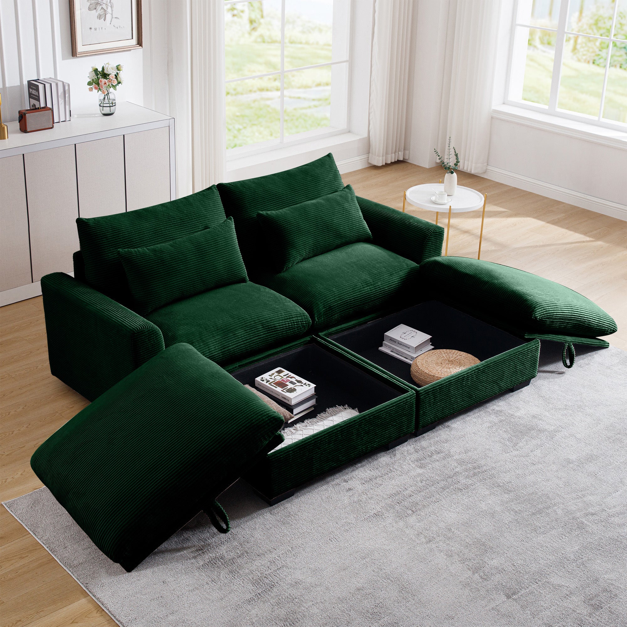 Corduroy Two-Seater Sofa with 2 Storage Footrest,2 Seater Sectional  deep seat sofa,Comfy Couches for Living Room,Green Sofa