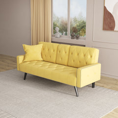 72" Yellow Velvet Sofa Bed with Nail Head Trim & Two Cup Holders Sleeper Sofa for Small Living Room