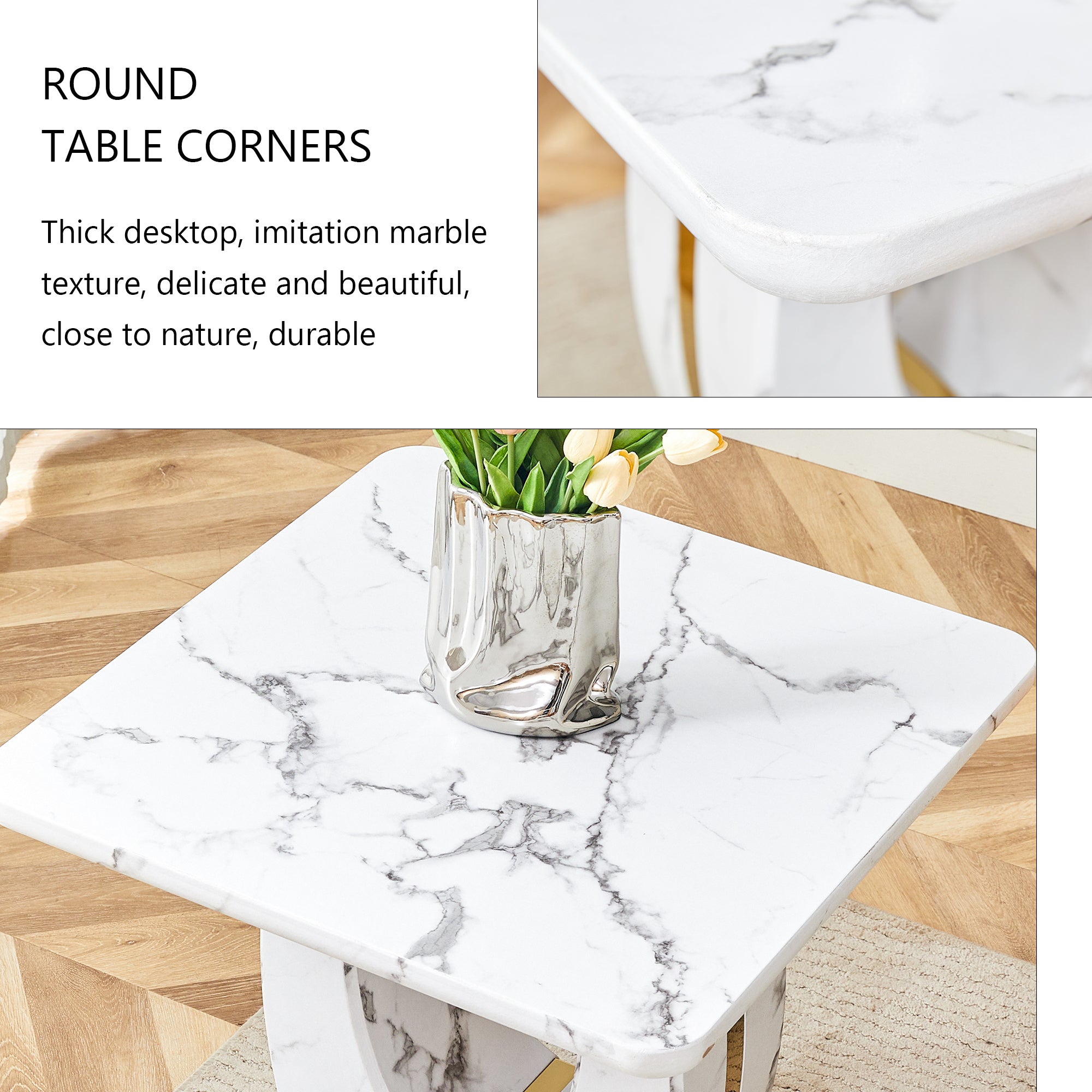 Minimalist Square White Marble-Patterned MDF Coffee Table for Living Rooms