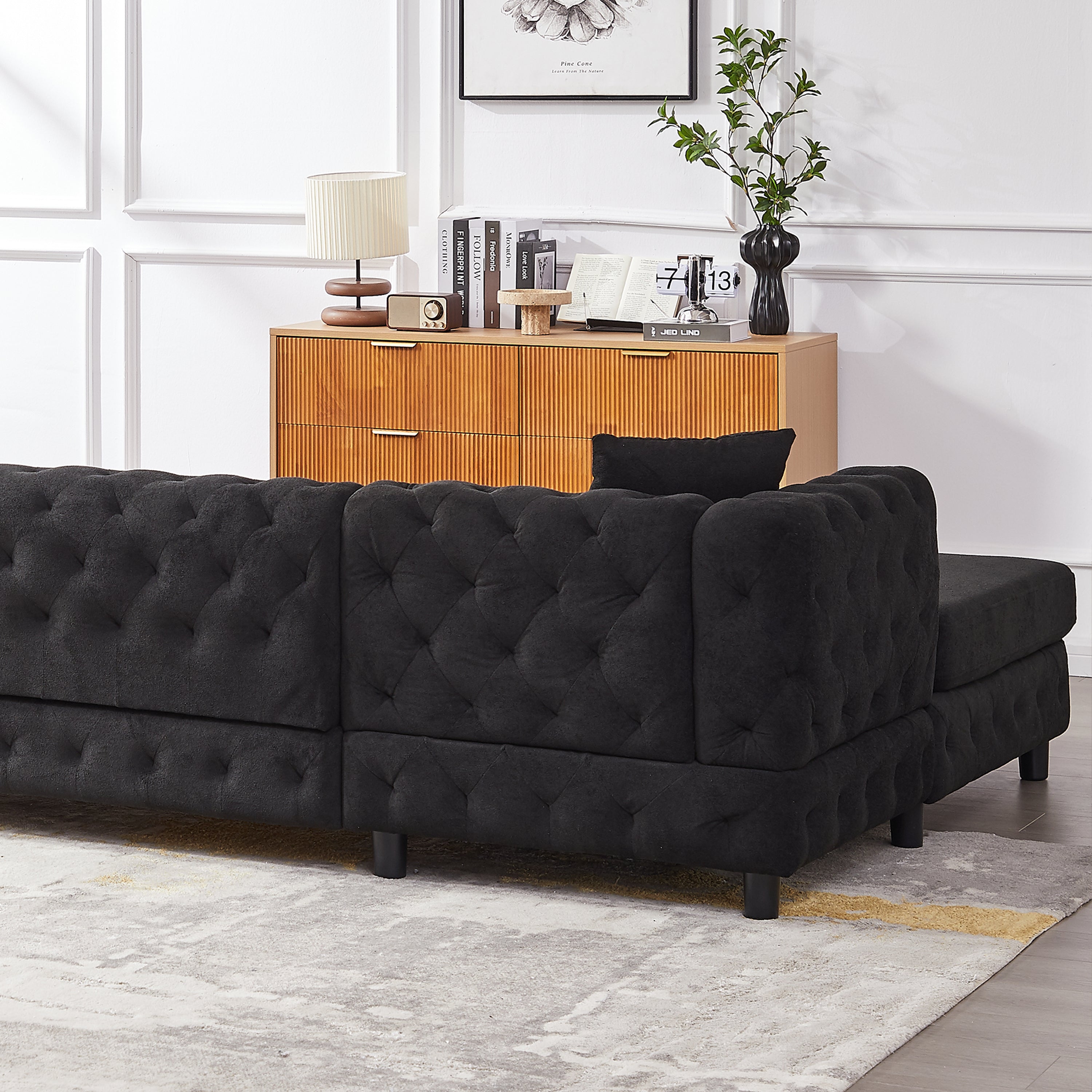 126-inch Modern Style Chenille Three Piece Sofa, Pull Point Design U-shaped Sofa two Chaise Longue Seats, two Pillows and Plastic Feet, Suitable for Living room, Bedroom, Lounge and Projection Room