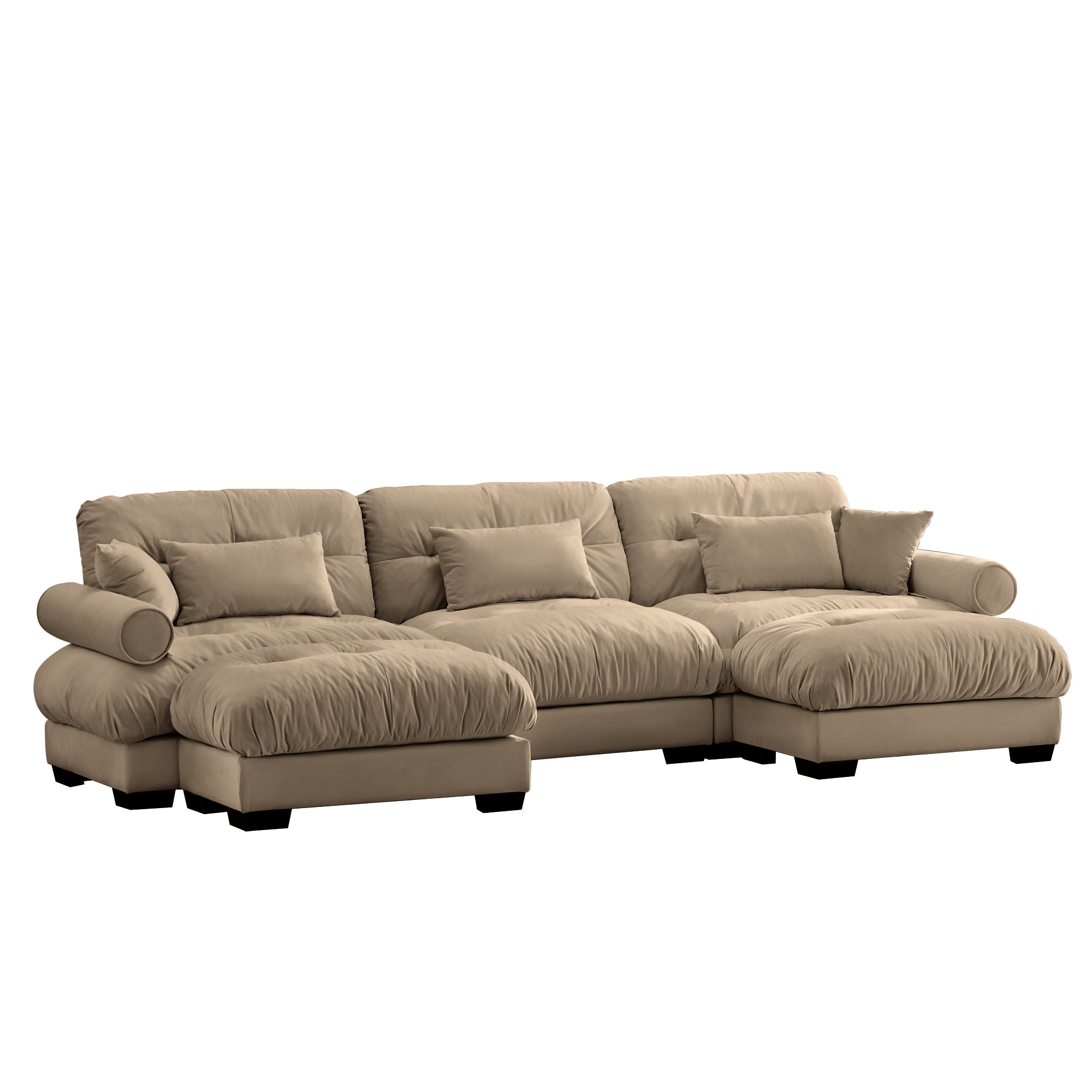 U-Shaped Modular Sectional Sofa with Movable Ottomans, Modern 3-Seater Corner Couch with Pillows and Bolstered Armrests, Camel