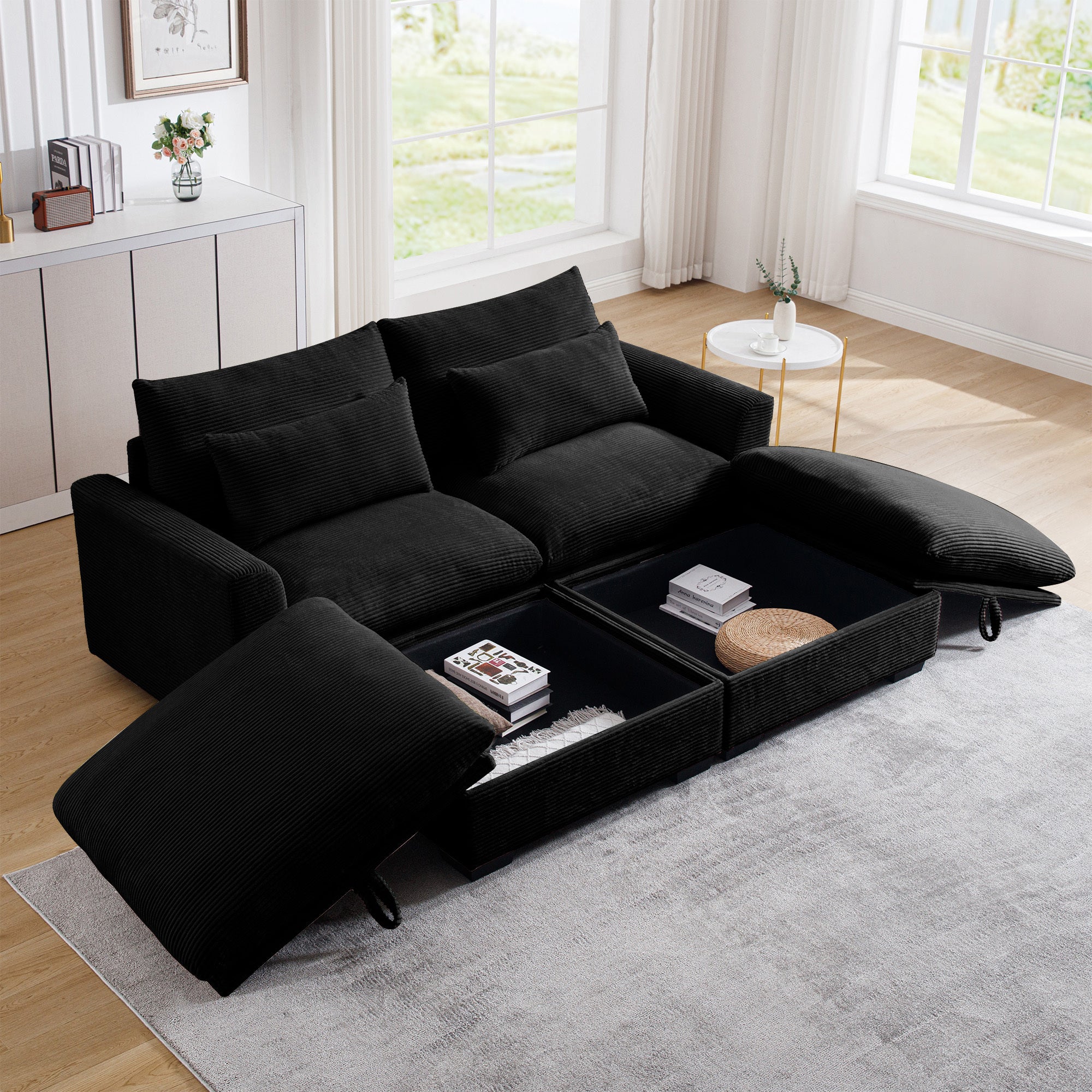 Corduroy Two-Seater Sofa with 2 Storage Footrest,2 Seater Sectional  deep seat sofa,Comfy Couches for Living Room,Black Sofa