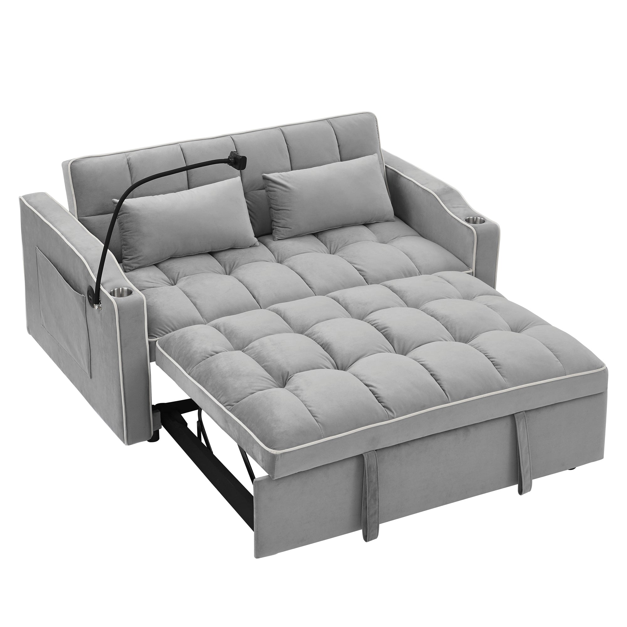 55.51" Foldable Velvet Sofa Bed with Adjustable Back, Pull-Out Design with USB Port, Ashtray, and Swivel Phone Stand, Gray