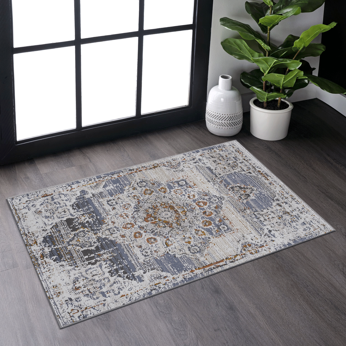 2x3 Medallion Doormat Rug Cream Gold Vintage Entryway Rug Non-Slip Accent Carpet for Indoor Entrance