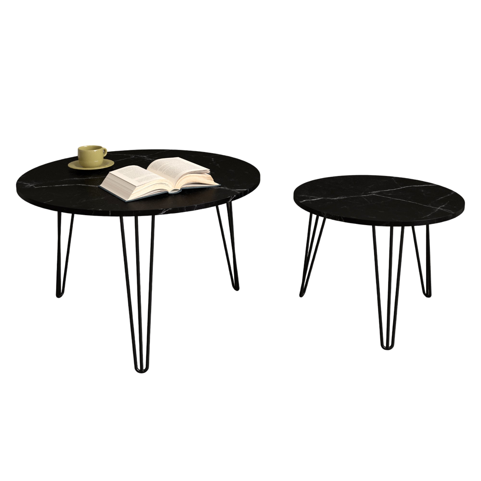 27.56'' Round Nesting Coffee Table Set of 2, Circular Nesting End Table Set, Round Marble Tabletop, and Sturdy Metal Base for Living Room, bedroom, Black