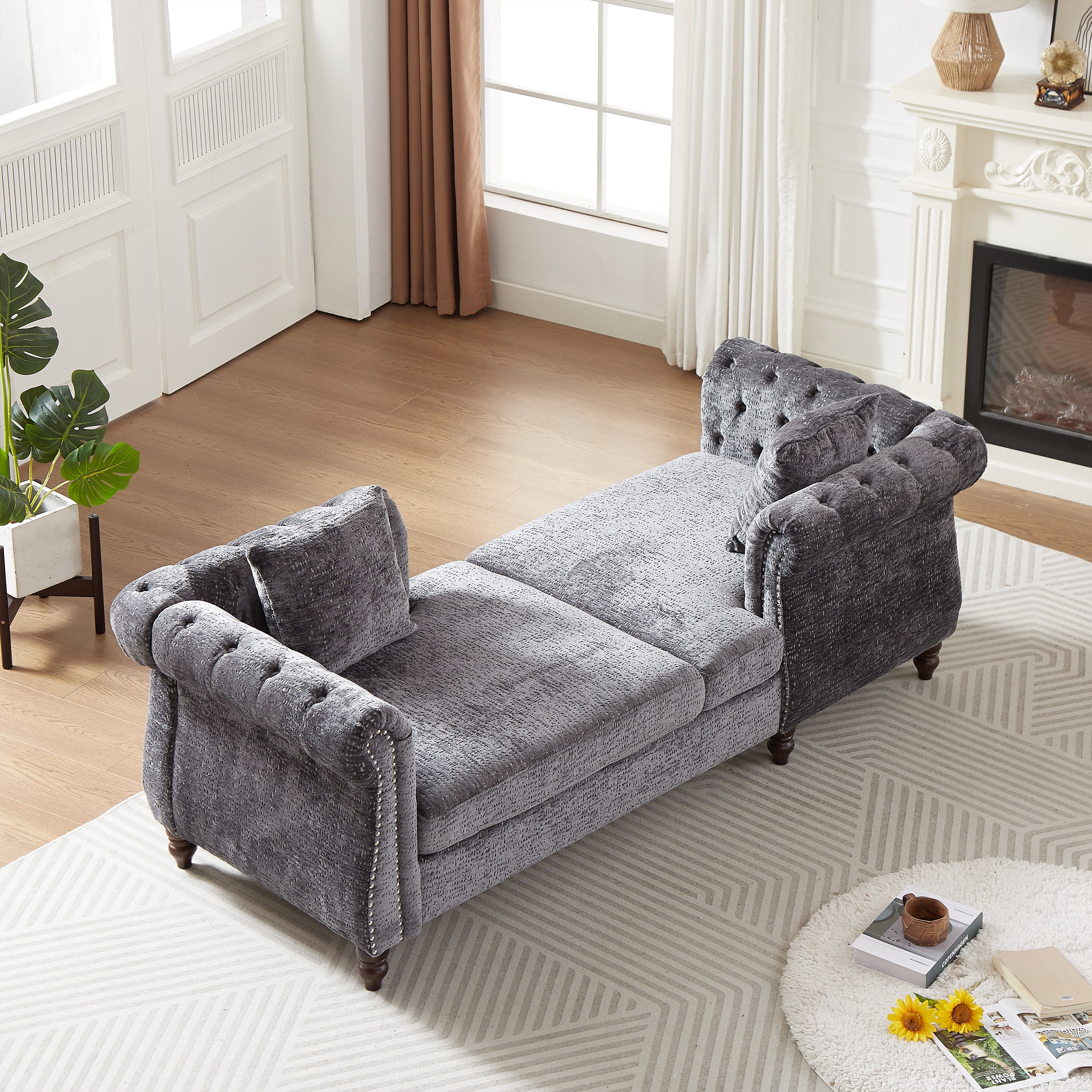 81-inch Chenille Face-to-face Chaise Lounge with Two Pillows,Nailhead trim,Button Tufted Design and Rolled Arms for Lounge, Living room and Office