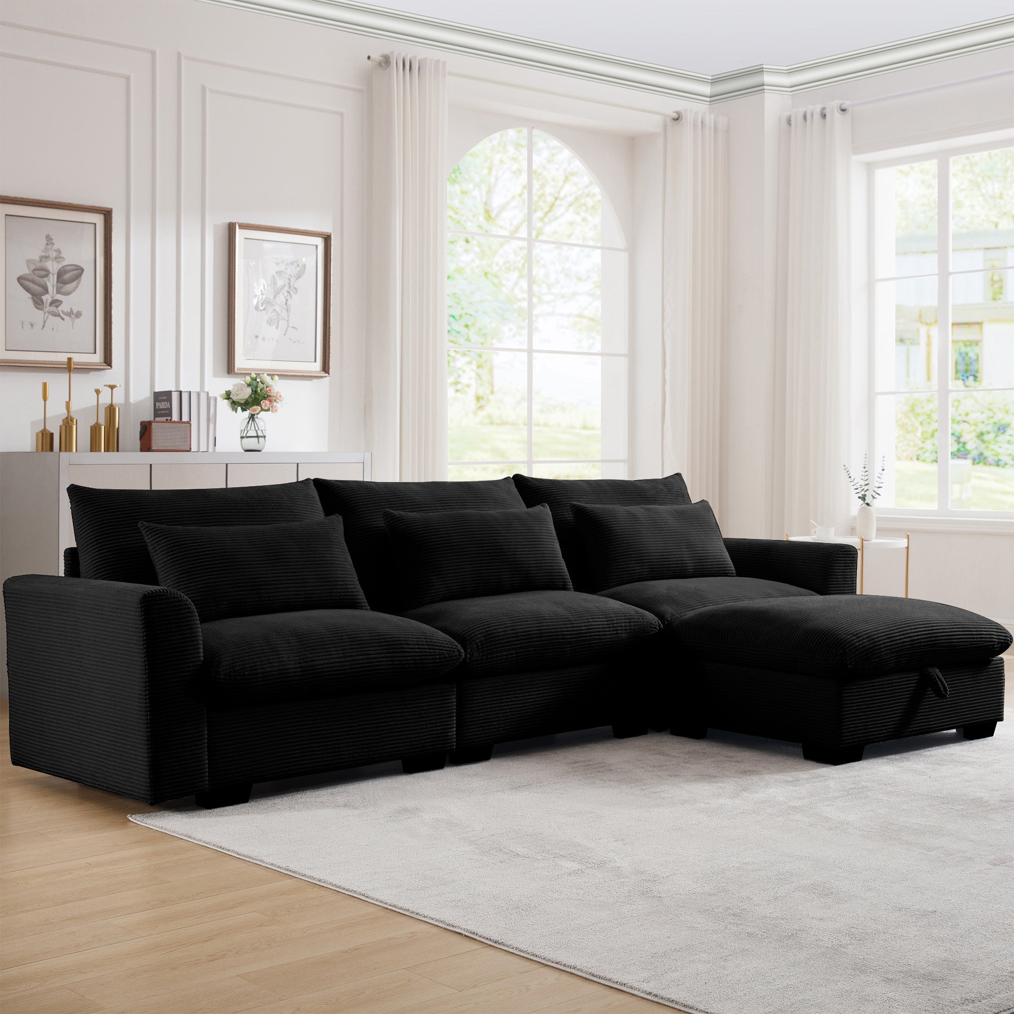 Corduroy Sectional Sofa,  L Shaped Couch with Storage Footstool and 3 Pillow, Sectional Couch for Living Room Apartment, Black