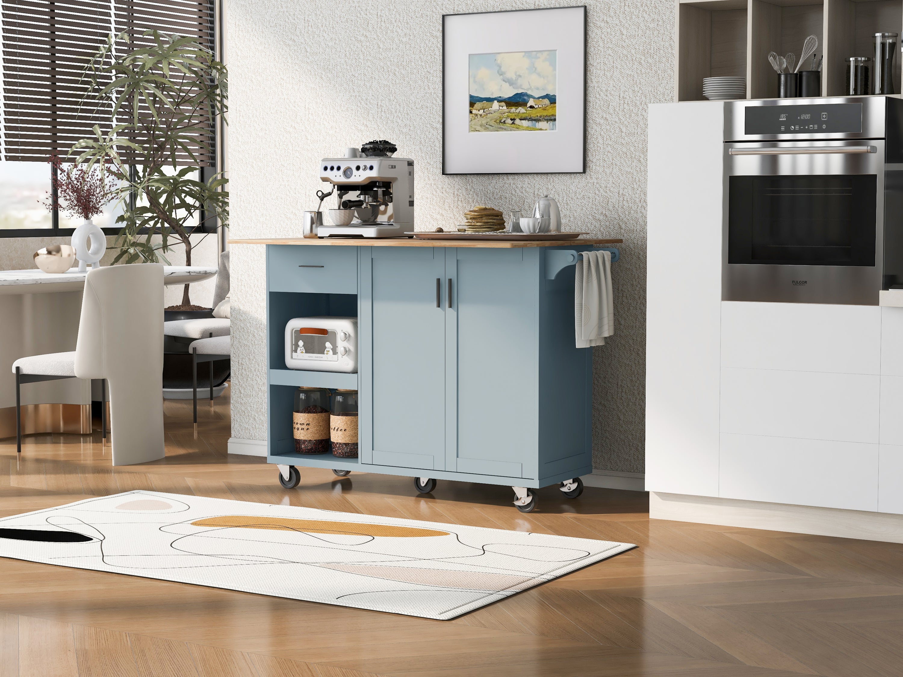 K&K Kitchen Island with Foldable Counter Top for Kitchen, Living Room, Dining Room, Grey Blue