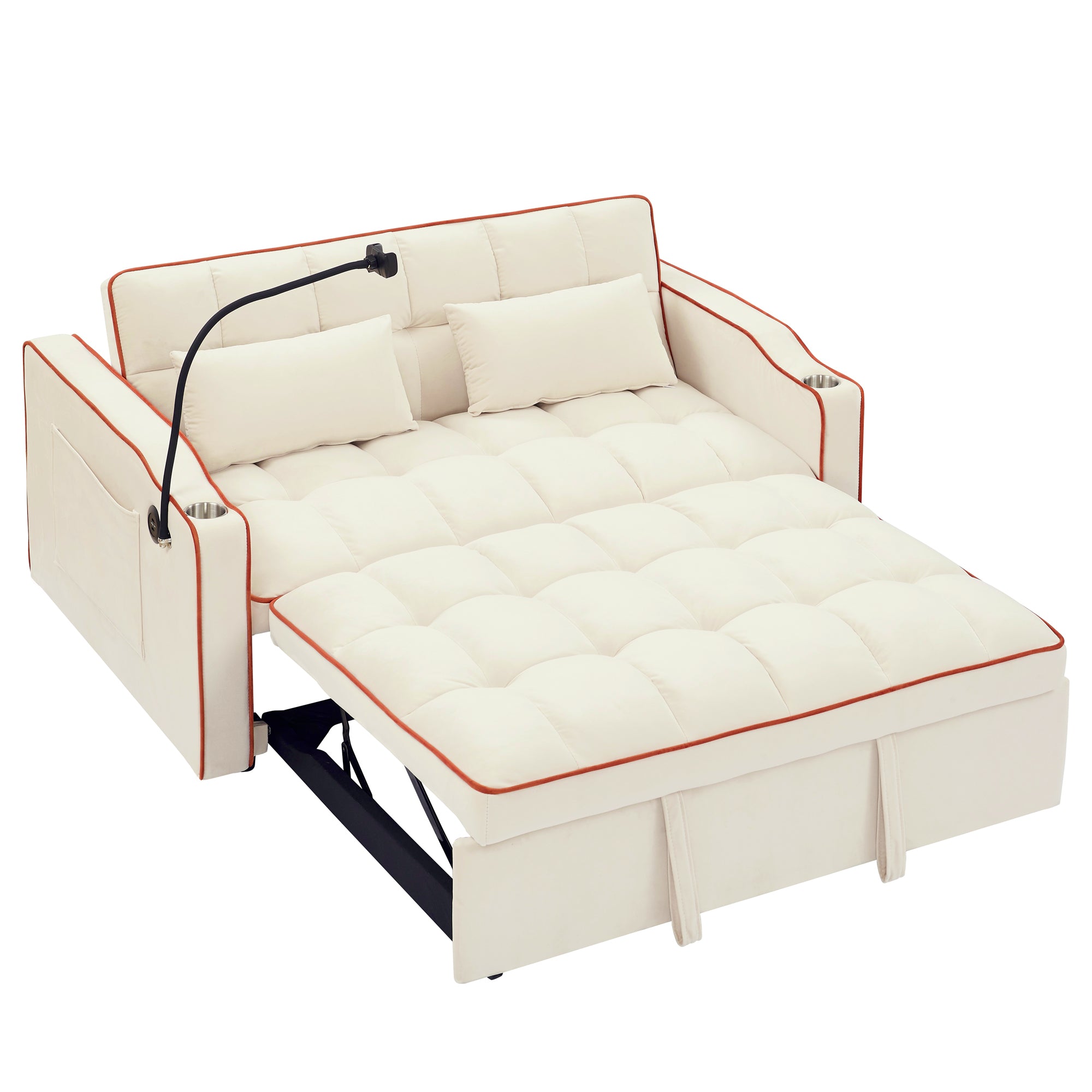 55.51" Foldable Velvet Sofa Bed with Adjustable Back, Pull-Out Design with USB Port, Ashtray, and Swivel Phone Stand, Beige