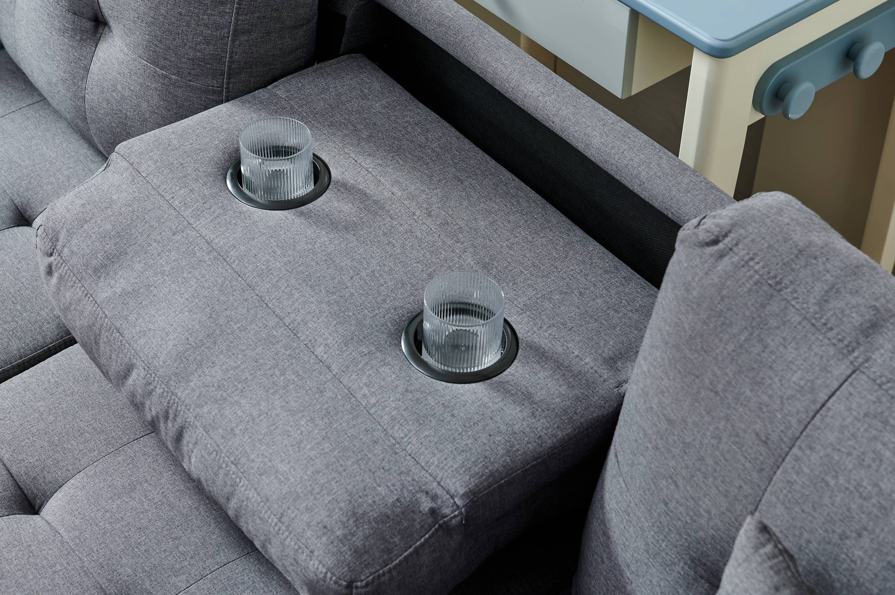 Sectional 3-Seaters Sofa , reversible recliner, storage mat and cup holder, Non-slip leg, two grey pillows, linen, grey