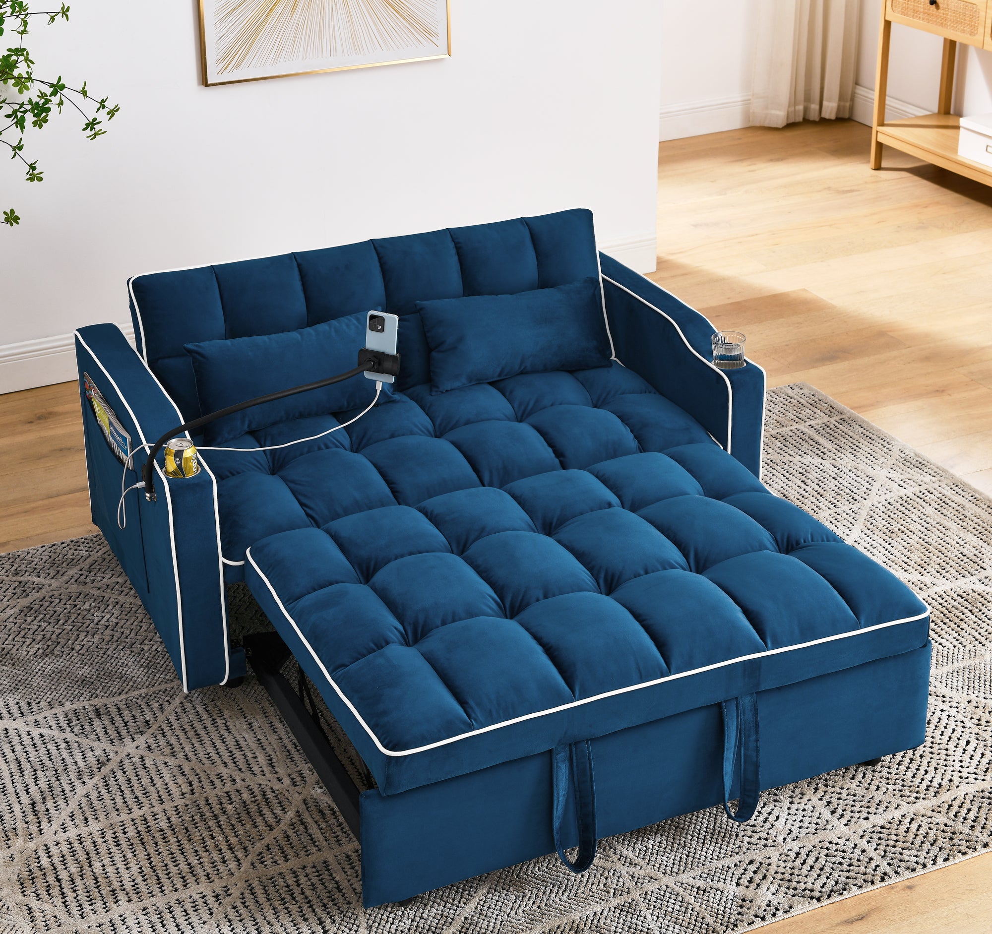 55.51" Foldable Velvet Sofa Bed with Adjustable Back, Pull-Out Design with USB Port, Ashtray, and Swivel Phone Stand, Blue