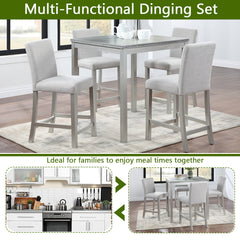 5 Piece Counter Height Table Set, Wooden Kitchen Table Set with Square Table and 4 Upholstered Chairs, Counter Height Dining Table with Crystal Decoration and Chair Set, Silver grey