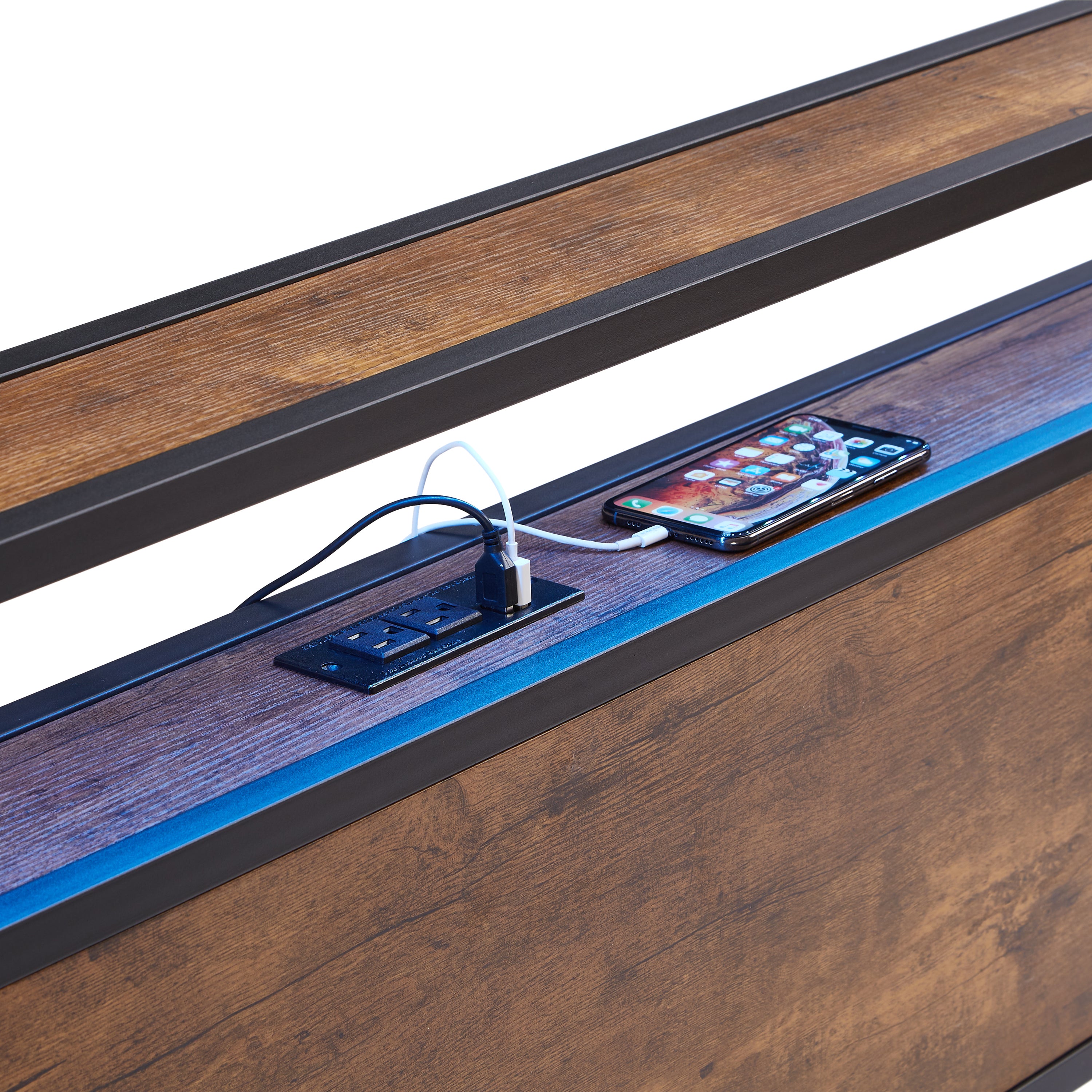 Queen Size Metal Platform Bed Frame with Wooden Headboard and Footboard with USB,Charging Station,2 Drawers,LED Lights, No Box Spring Needed, Easy Assemble