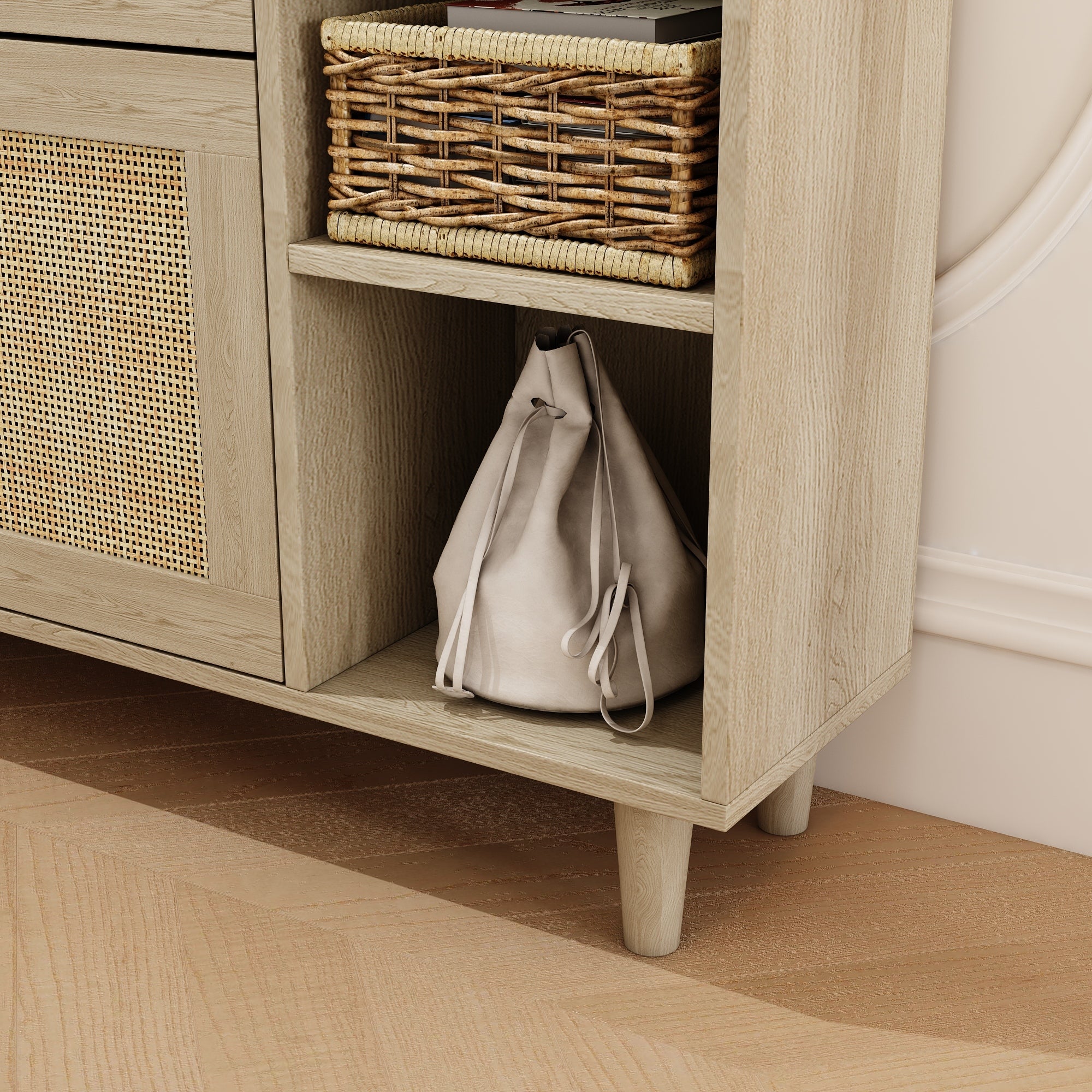 Boho Shoe Cabinet with 3 Rattan Flip Drawers & Storage, Natural