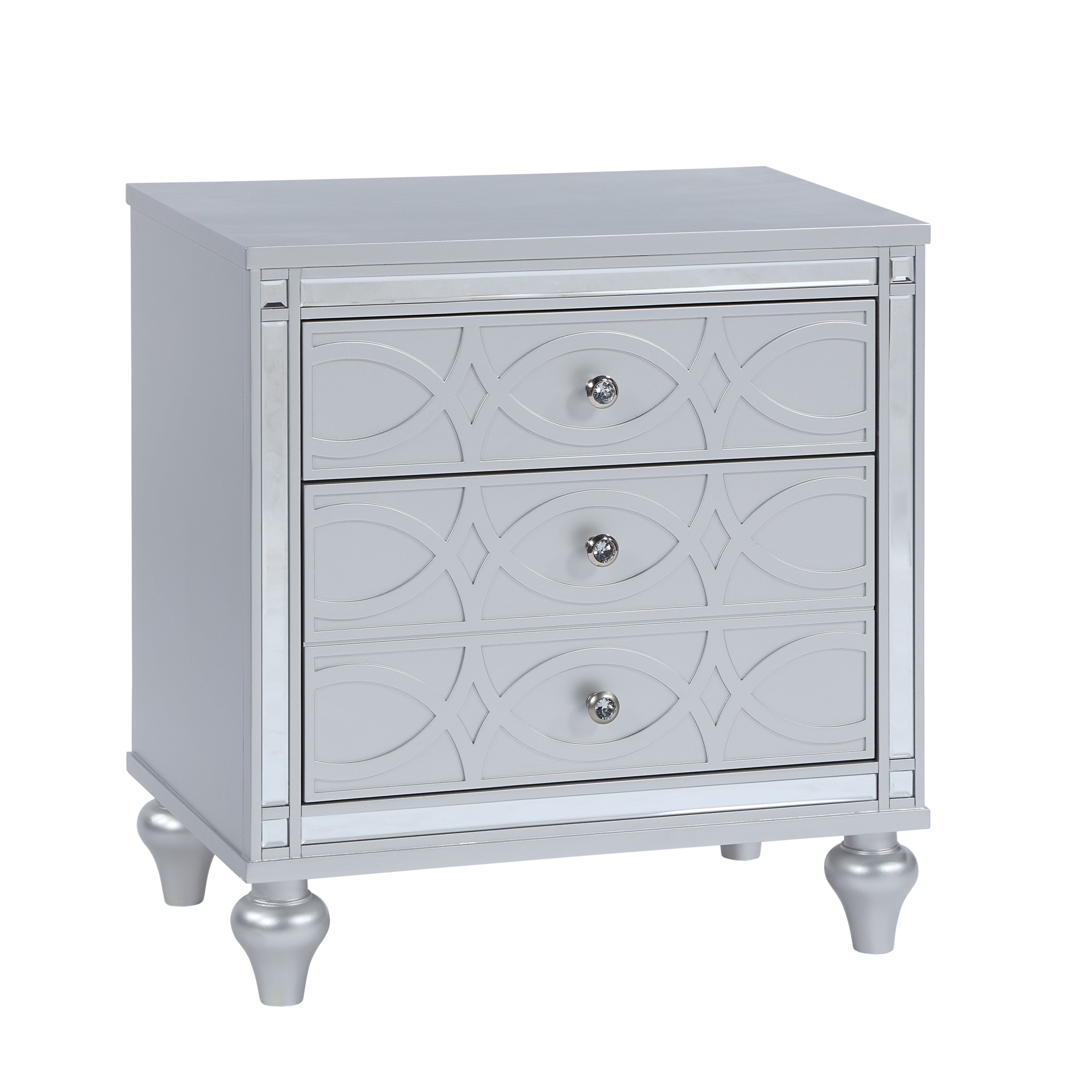 Contemporary Nightstands with mirror frame accents, Bedside Table with two drawers and one hidden drawer, End Table with Crystal Pull for Living Room,Bedroom, Silver