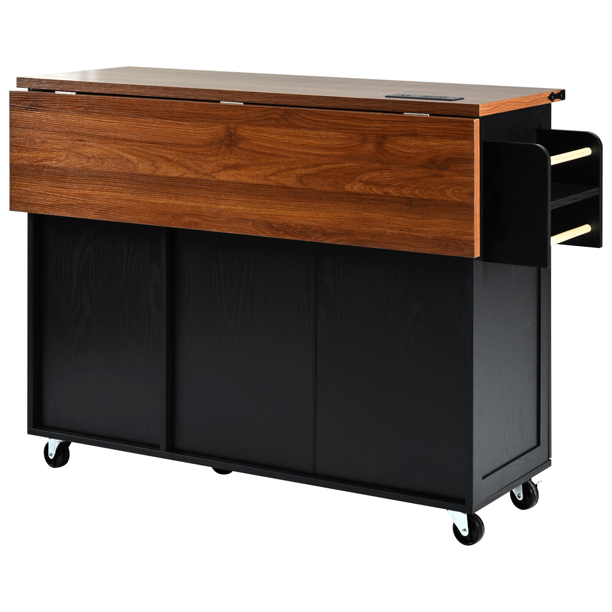 K&K 54.5" Kitchen Storage Island  with Internal Storage Rack, Drop Leaf, Spice Rack, Rolling Kitchen Cart on Wheels, Black