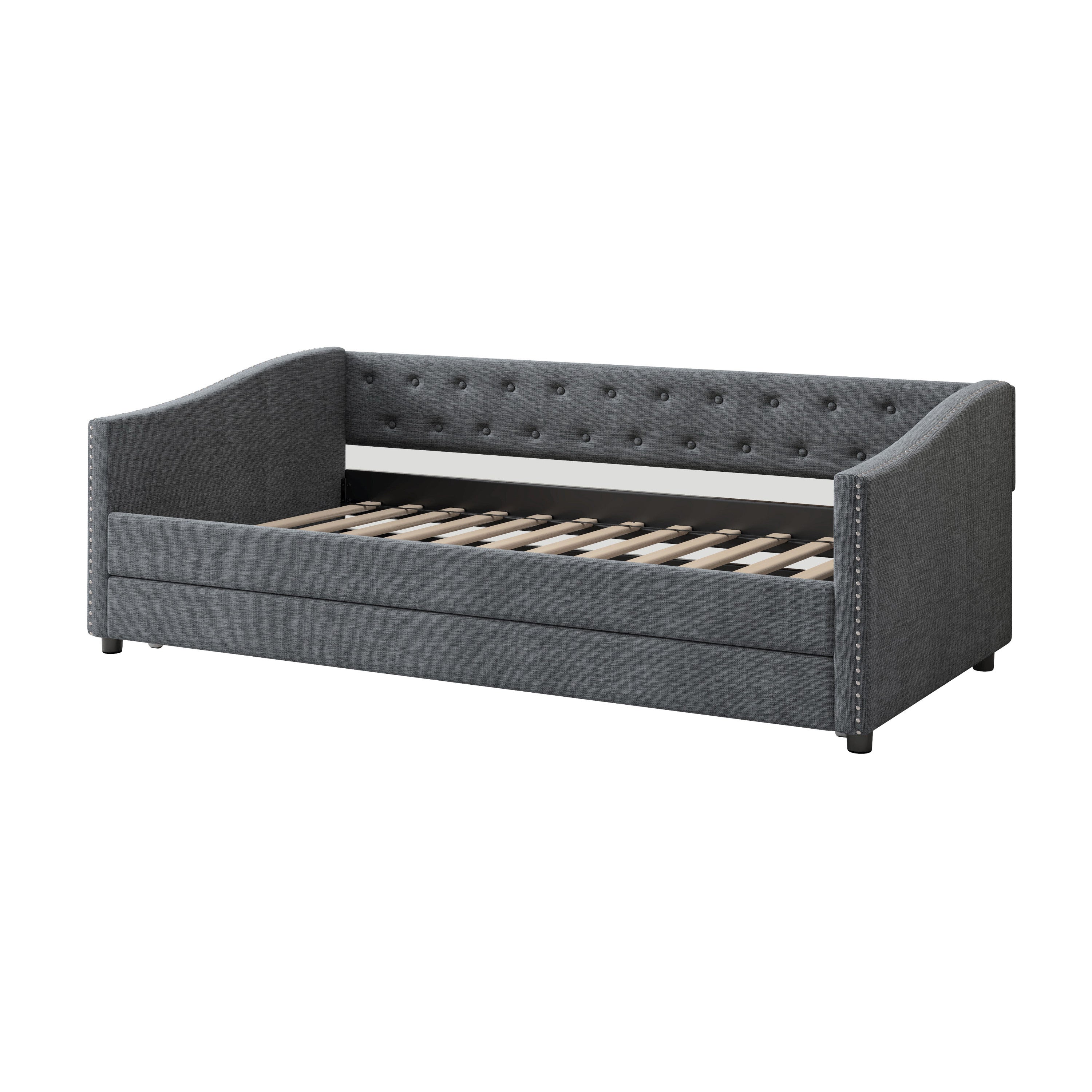 Twin Size Daybed with Twin Size Trundle Upholstered Tufted Sofa Bed, with Button on Back and Copper Nail on Waved Shape Arms-Dark Grey