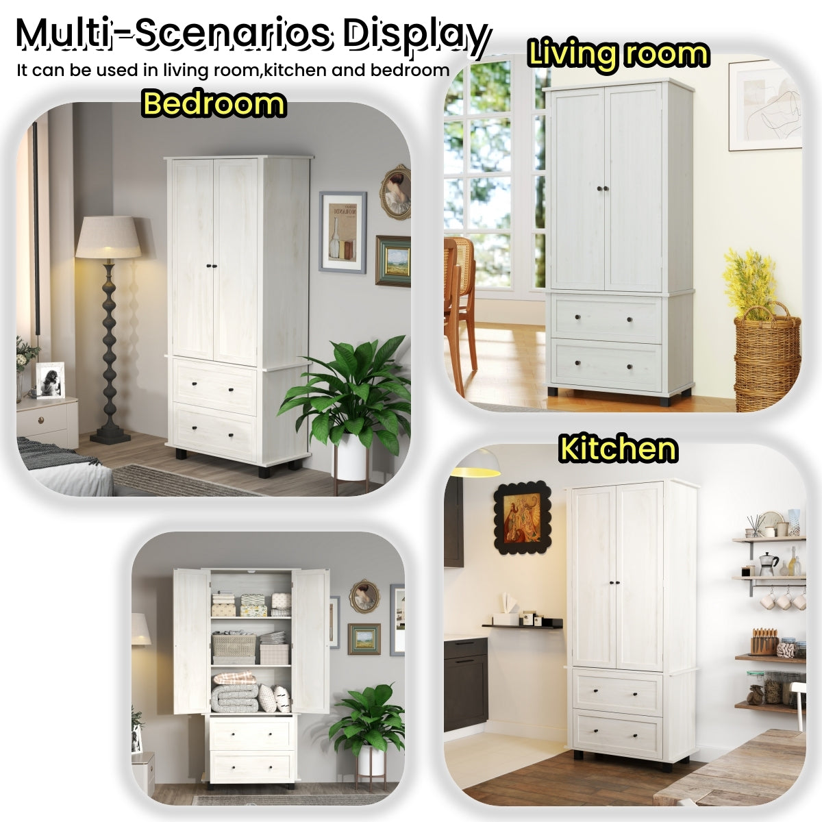 70" Tall Kitchen Pantry Cabinet with 2 Drawers & Shelves, Antique White