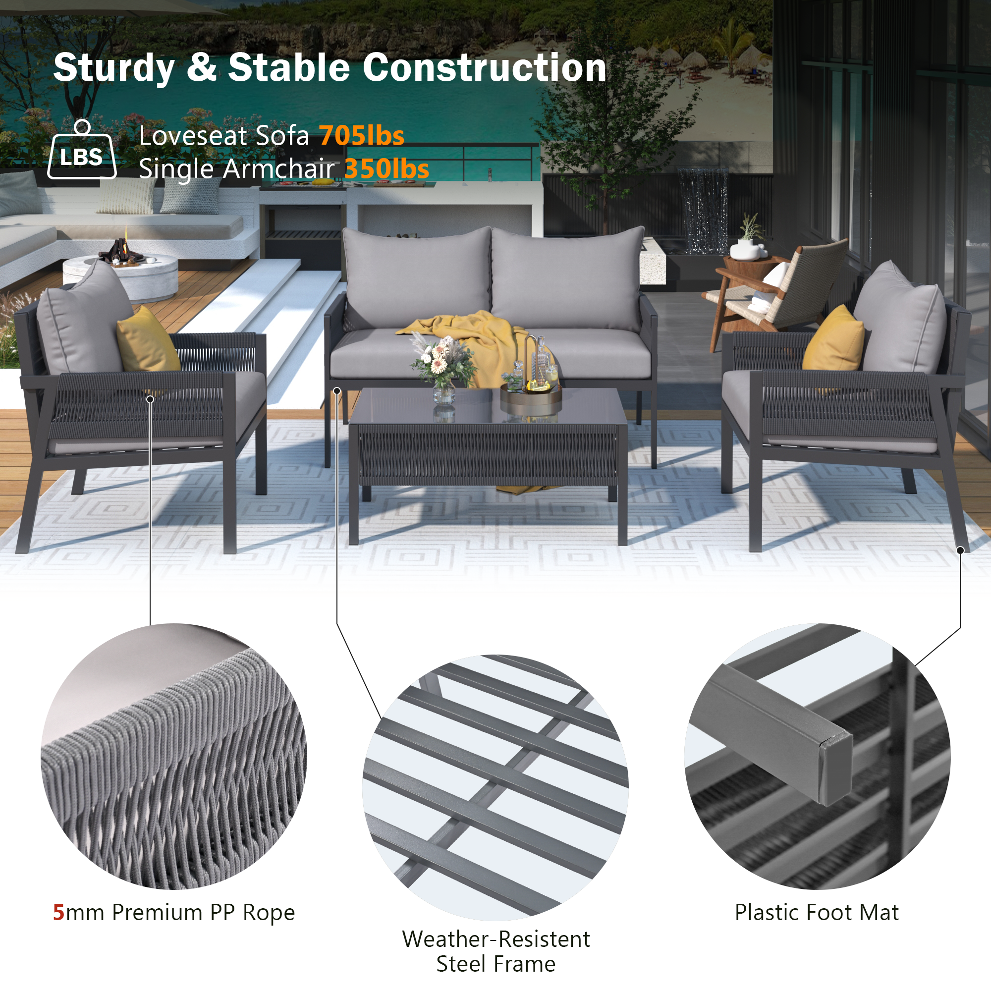 K&K 4-Piece Rope Patio Furniture Set with Tempered Glass Table-Patio Conversation Set Deep Seating with Thick Cushion for Backyard Porch Balcony, Grey