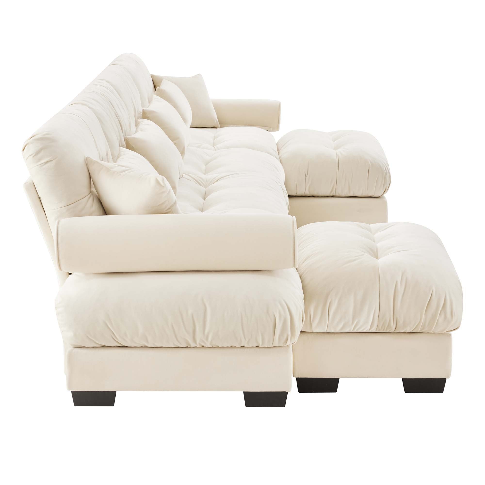 U-Shaped Velvet Sectional Cloud Couch with Movable Ottomans, Deep 4-Seater with Bolstered Armrests and Pillows, Cream