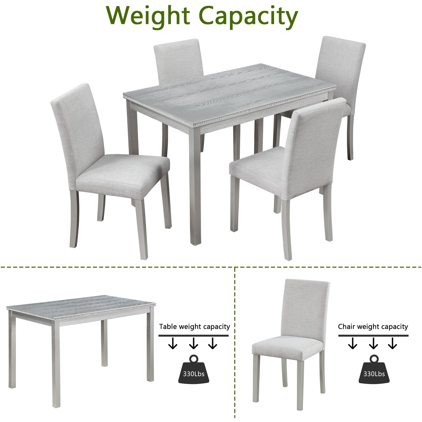 5 Piece Wooden Dining Table Set, Kitchen Table Set with a Rectangular Table and 4 Upholstered Chairs, Wooden Dining Room Table with Crystal Decoration and Chairs Set, Silver grey