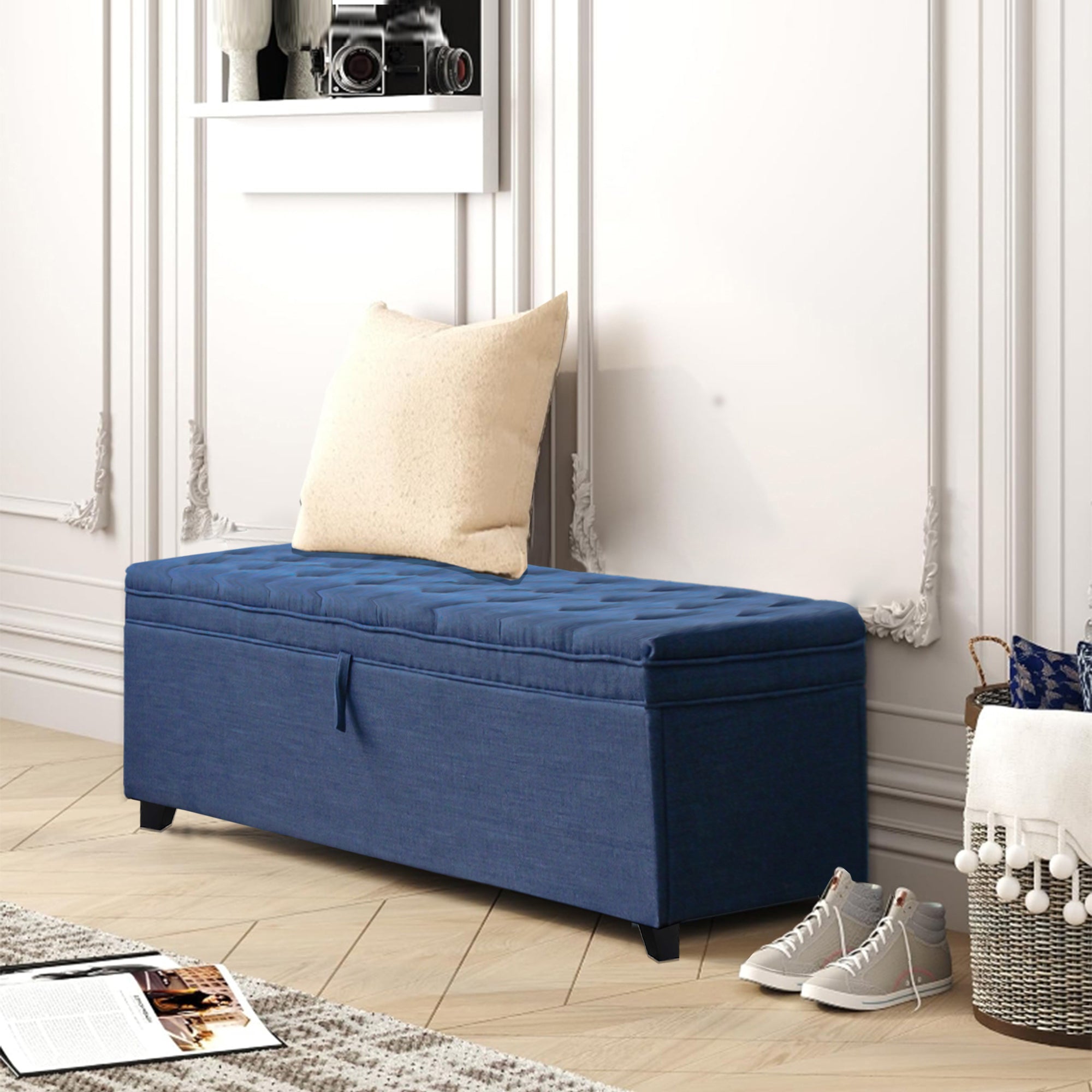 55.3 Inch Extra Long Storage Ottoman Entryway Bench with Flip Top Storage Chest with Padded Seat Bed End Stool for Hallway Living Room Bedroom, Blue Linen