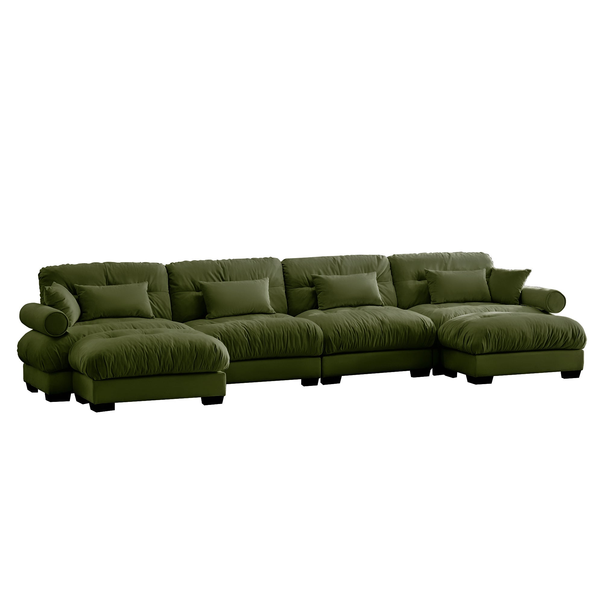 U-Shaped Velvet Sectional Cloud Couch with Movable Ottomans, Deep 4-Seater with Bolstered Armrests and Pillows, Olive green