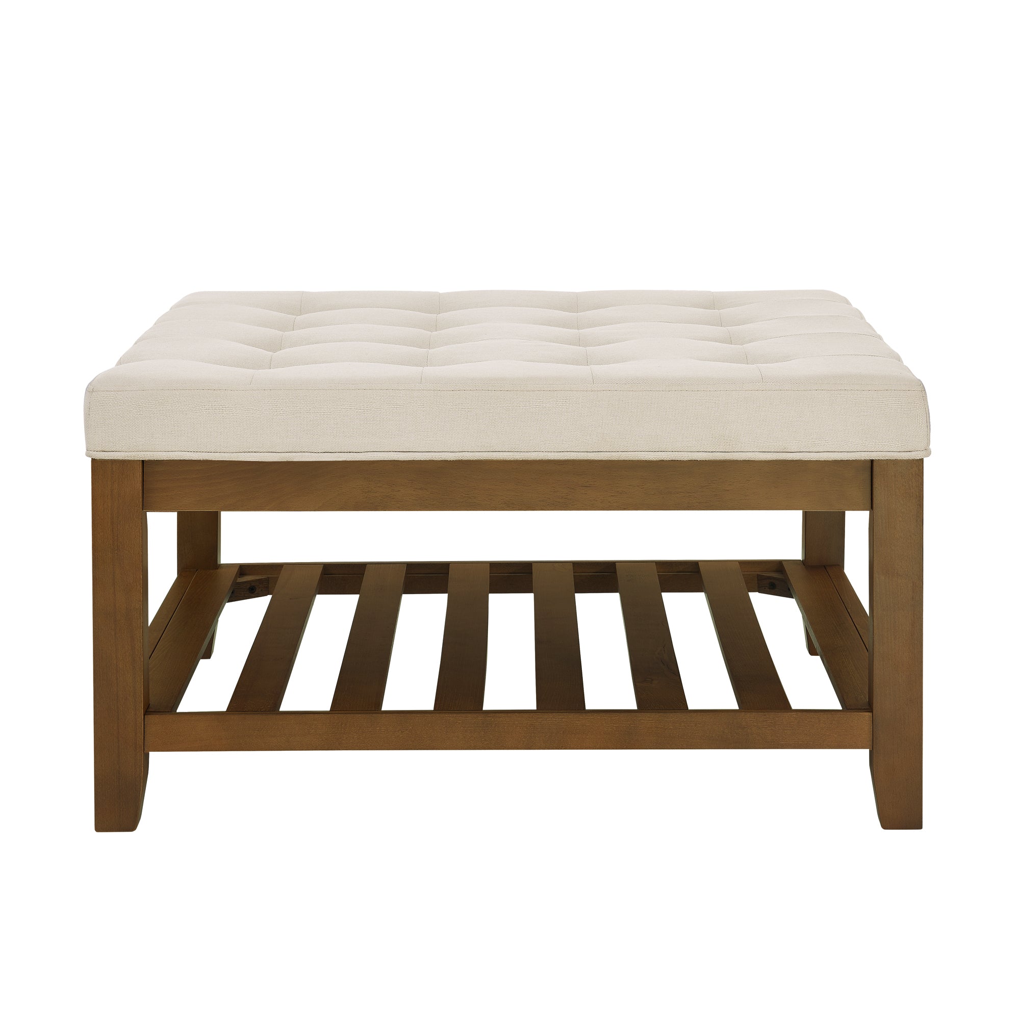 Tufted Upholstered Square Coffee Table Ottoman with Beech Wood Shelf, Oversized Footrest for Living Room, Beige