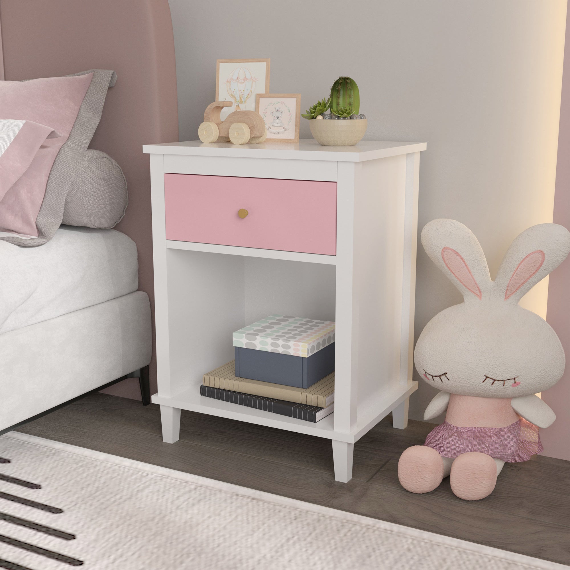 26.77''H Wooden Nightstand with One Drawer One Shelf for Kids, Adults, Pink