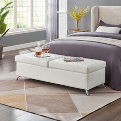 56.7" Bed Bench with Storage White Leather