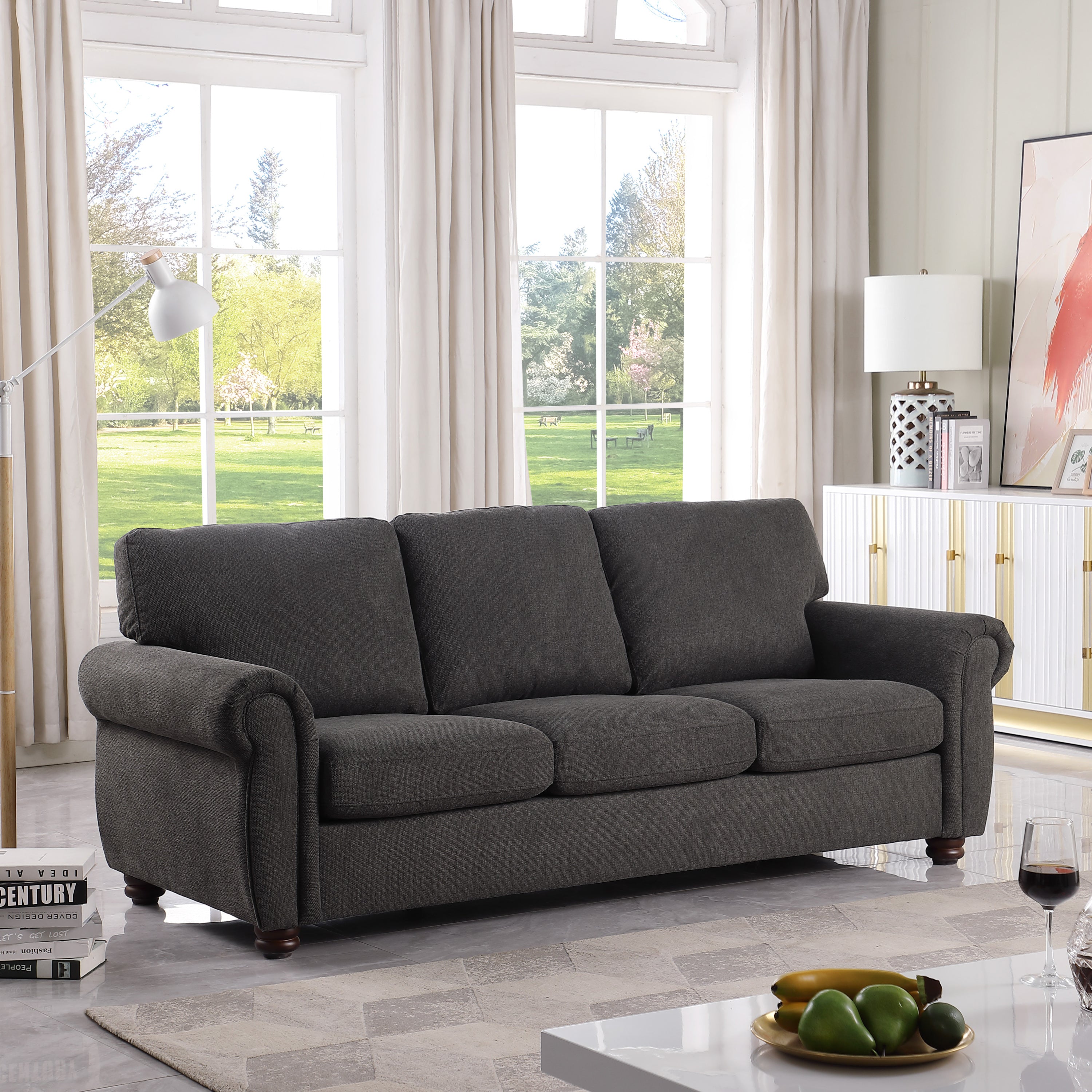 3-Seater Black Chenille Sofa