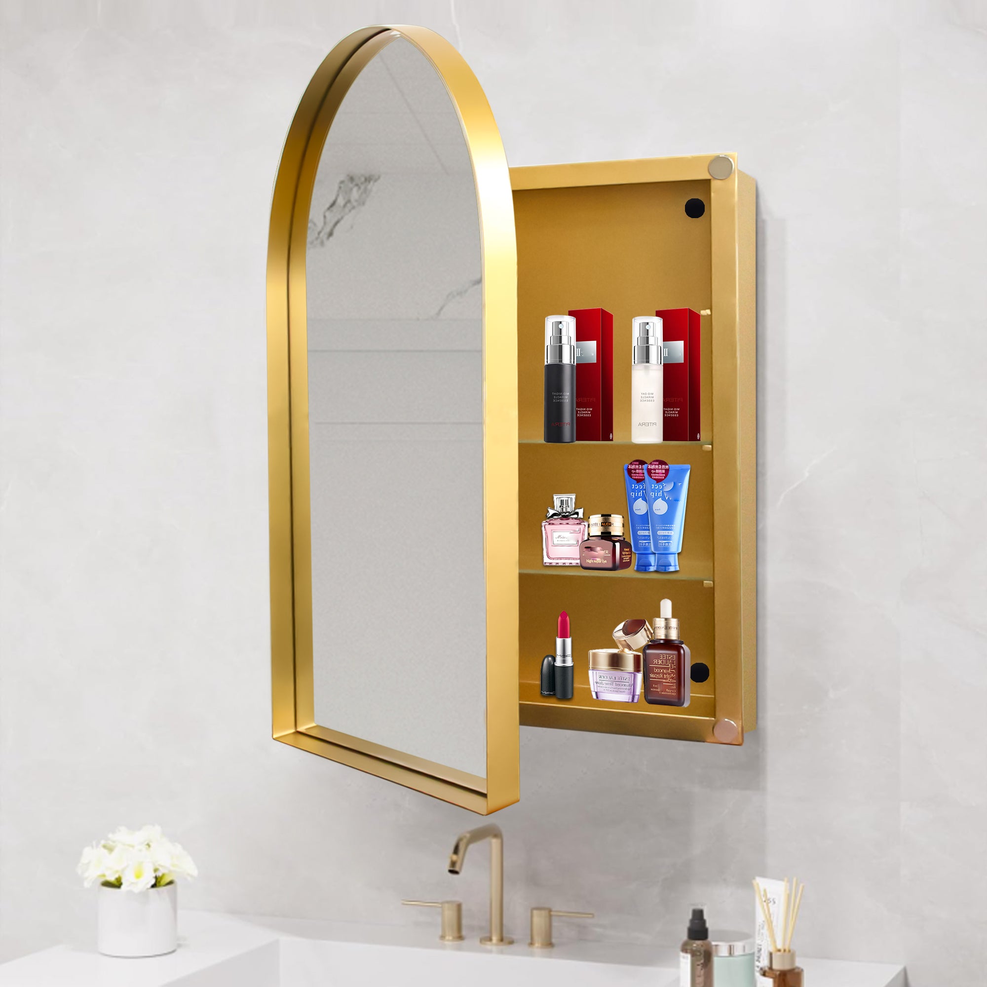 24x36 Inch Arched Recessed Medicine Cabinet, Metal Framed Bathroom Wall Cabinet with Mirror and Adjustable Shelves, Wall Mirror with Storage for Bathroom, Matte Gold