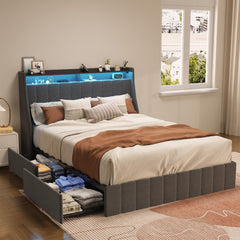 Full Size Bed Frame with LED, 4 Under-bed Portable Storage Drawers, Wings Headboard Design, Dark Grey