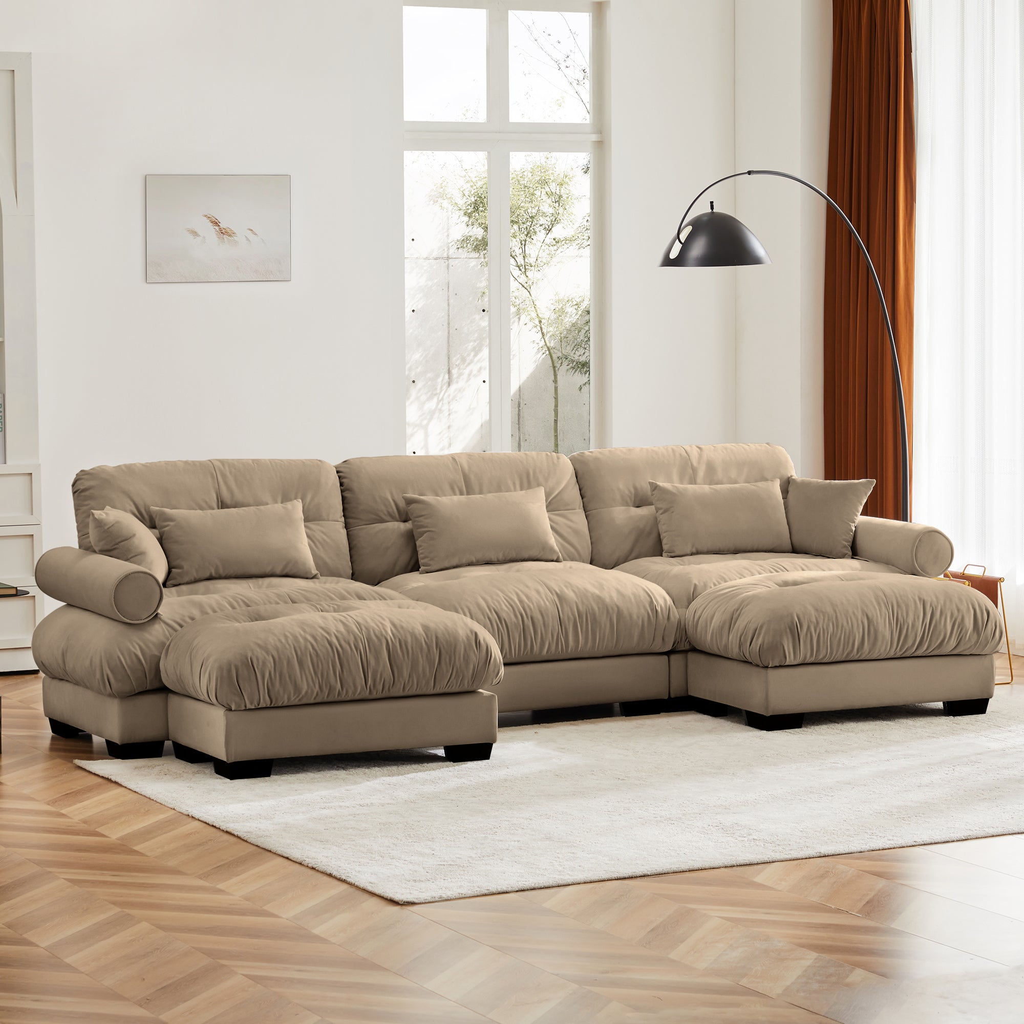 U-Shaped Modular Sectional Sofa with Movable Ottomans, Modern 3-Seater Corner Couch with Pillows and Bolstered Armrests, Camel