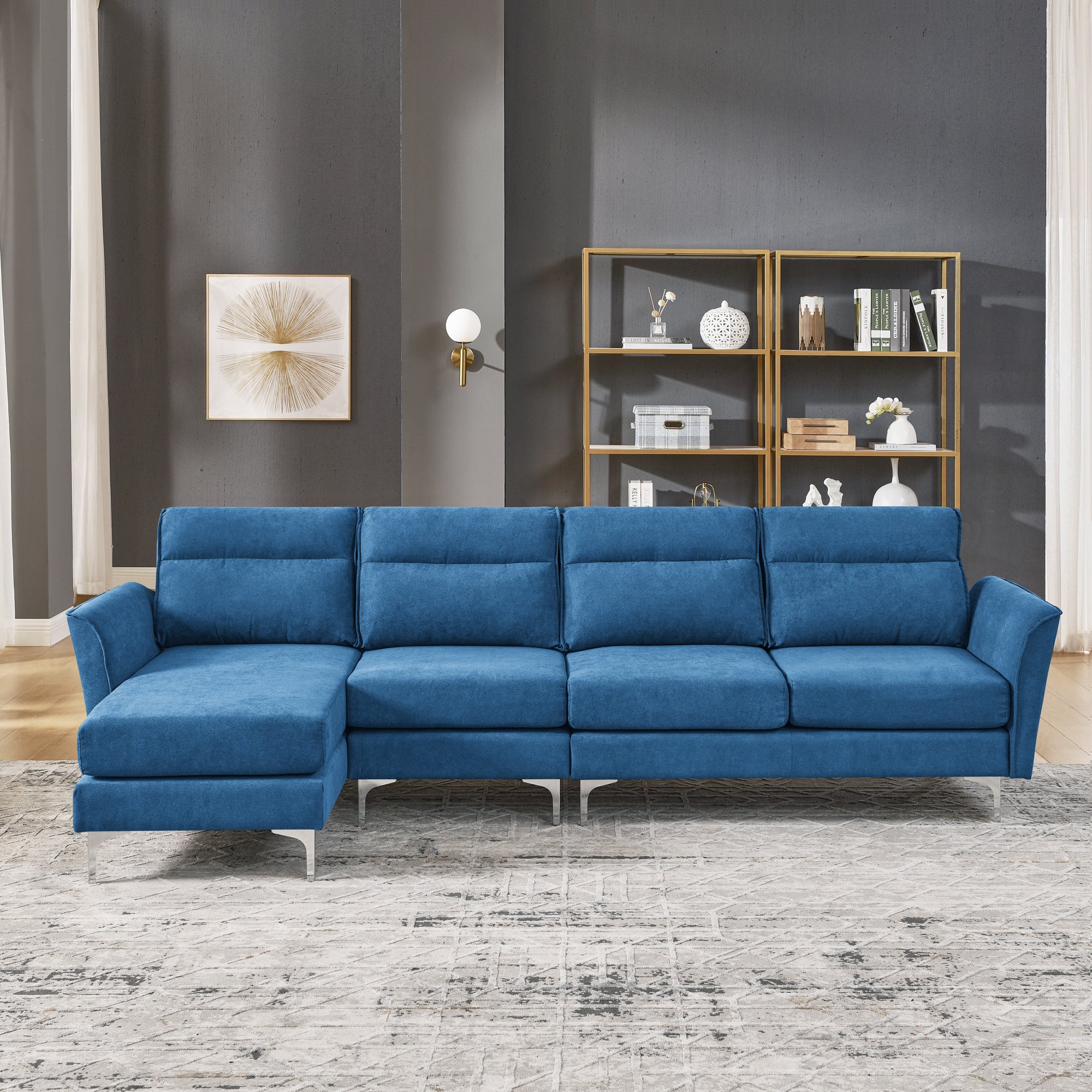 Modern Sofa 3-Seat Couch with Stainless Steel Trim and Metal Legs for Living Room,New package compression sofa technology,Navy blue