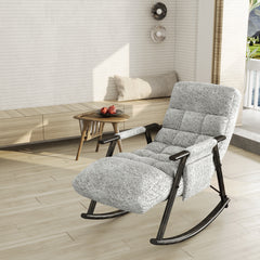 Casual folding rocking chair upholstered, lounge rocking chair adjustable high back and foot rest,side pockets placed in living room bedroom balcony