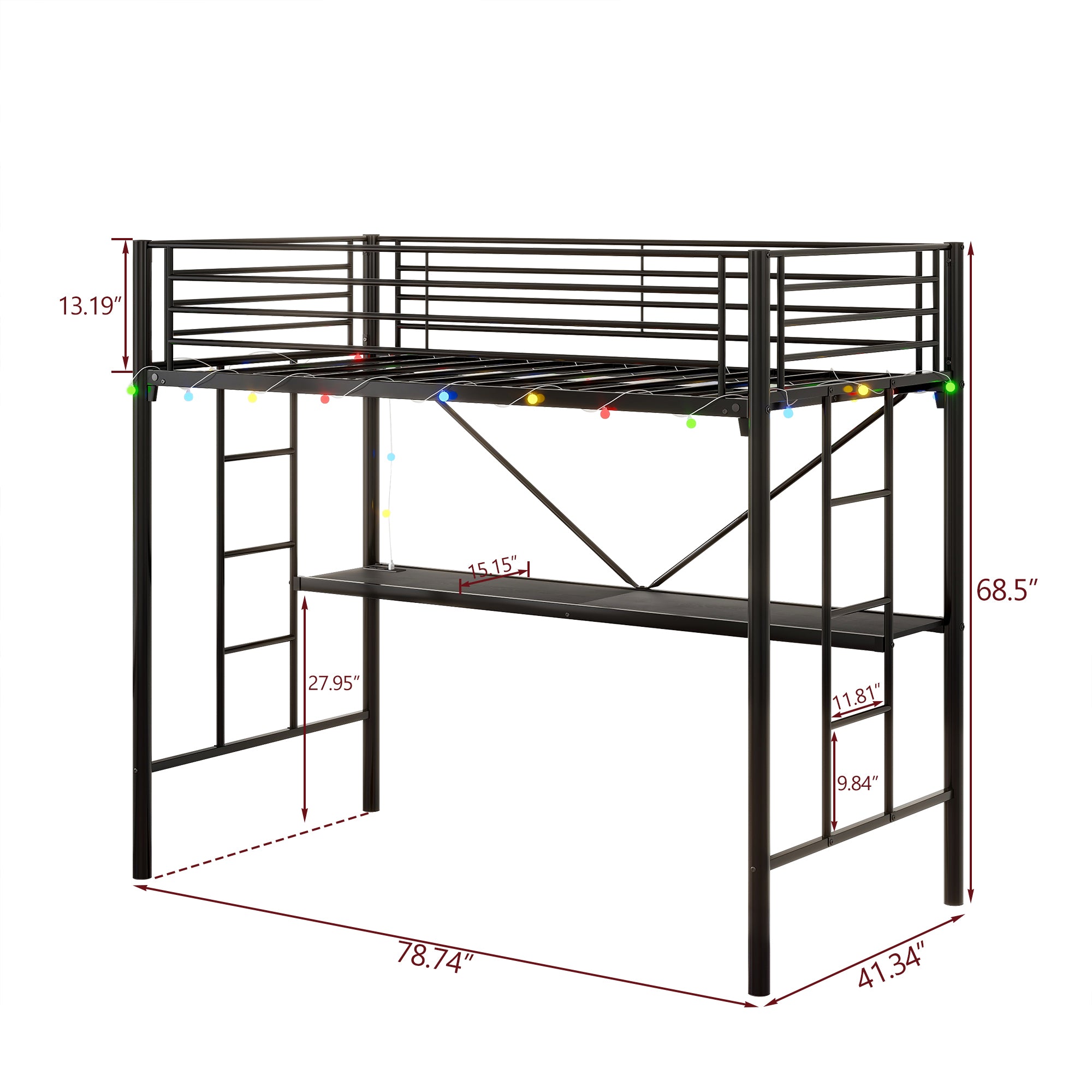 Twin Metal Loft Bed with Desk, Power Outlet & LED Light - Black