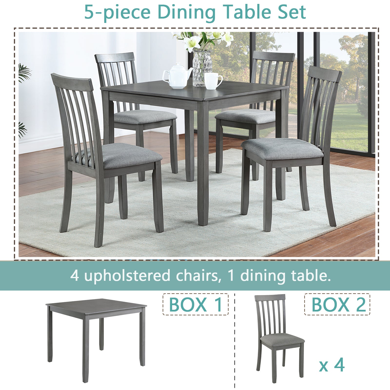 5 Piece Modern Dining Set, Square Wooden Dining Table with 4 Upholstered Chairs for Kitchen, Dining Room, Gray