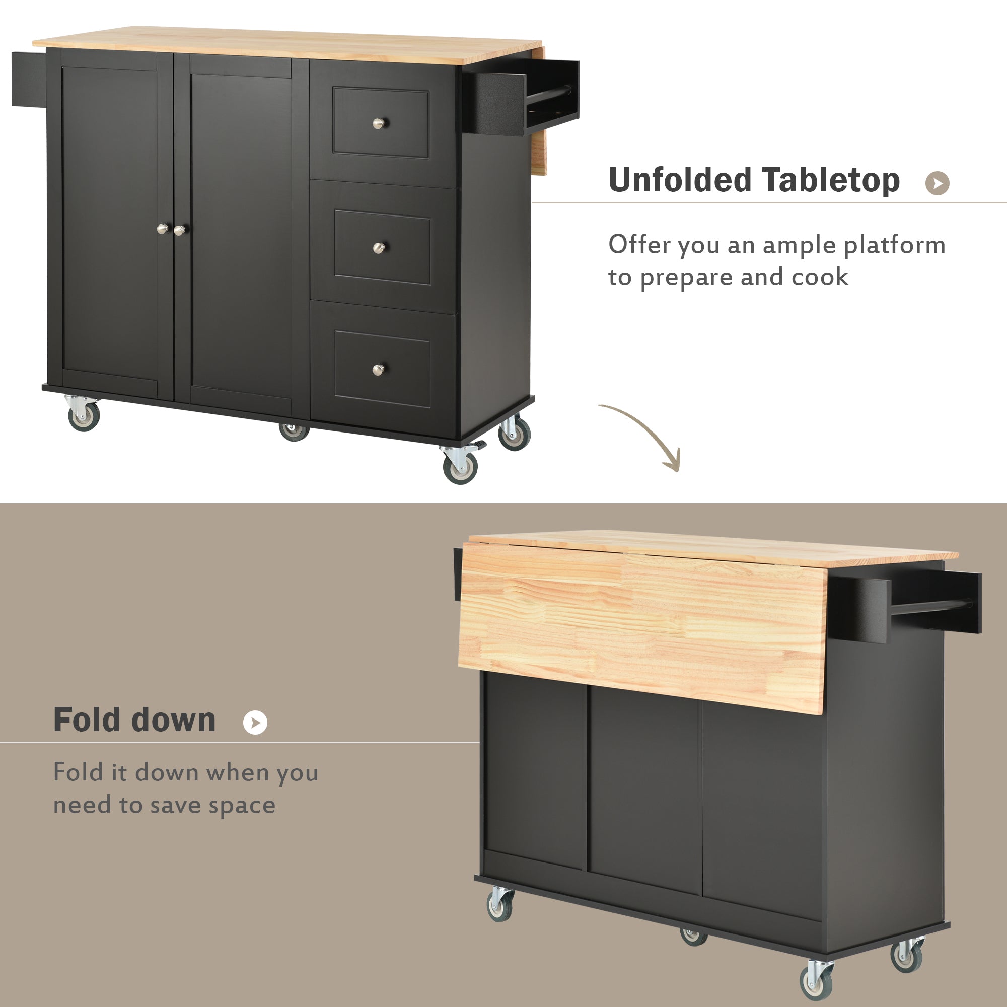 Black Rolling Mobile Kitchen Island with Solid Wood Top and Locking Wheels,52.7" Width with Storage Cabinet and Drop Leaf