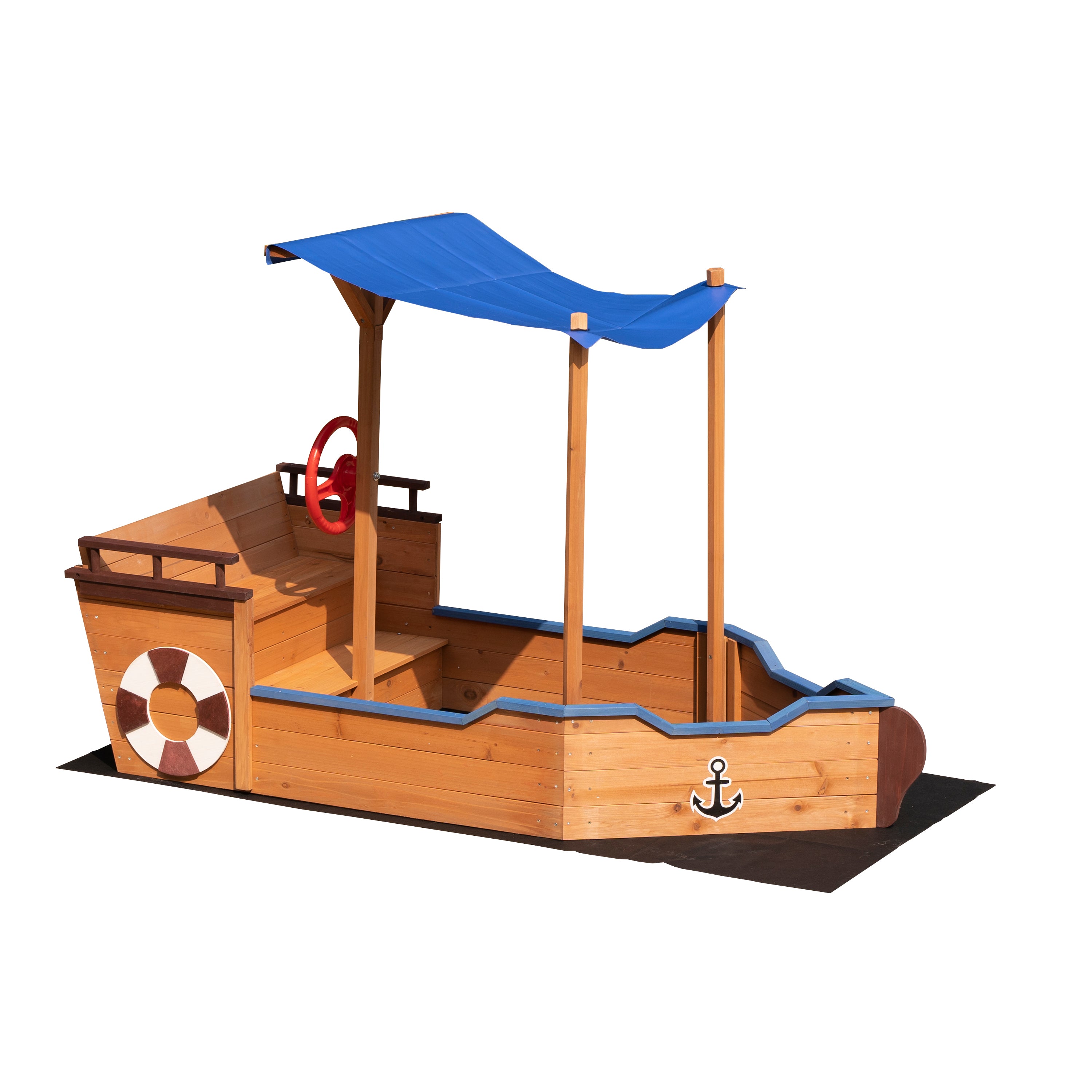 Wooden Pirate Ship Sandbox with Cover & Storage Bench for Kids