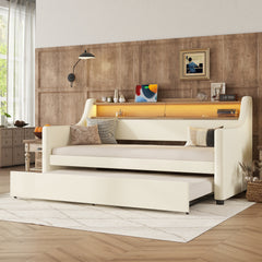 Twin Size Daybed with Trundle, Upholstered Sofa Bed with Charging Station and LED Lights, White