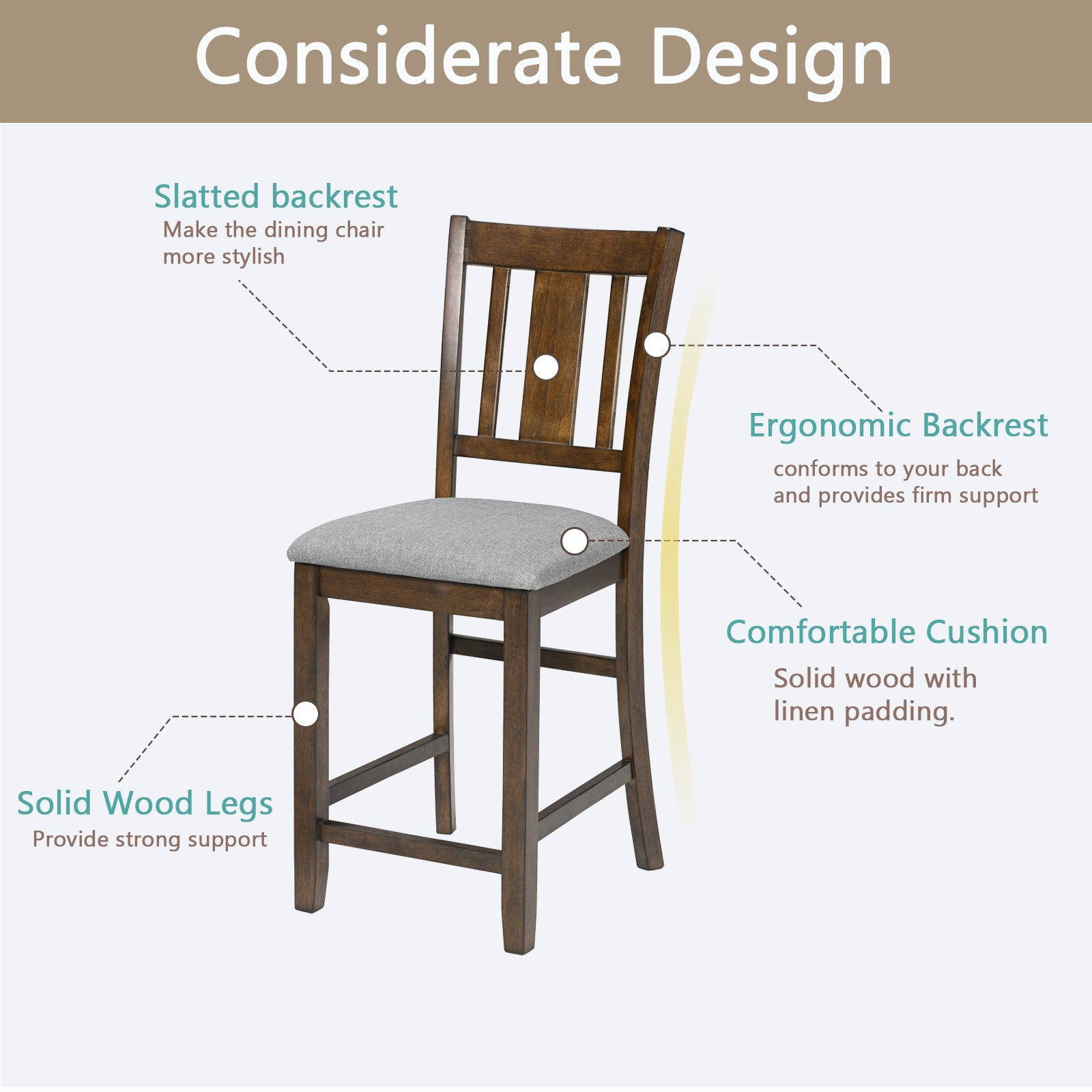 Dining Room Furniture Counter Height Chairs Set  for 4, Kitchen Chair with Padded Seat, Walnut