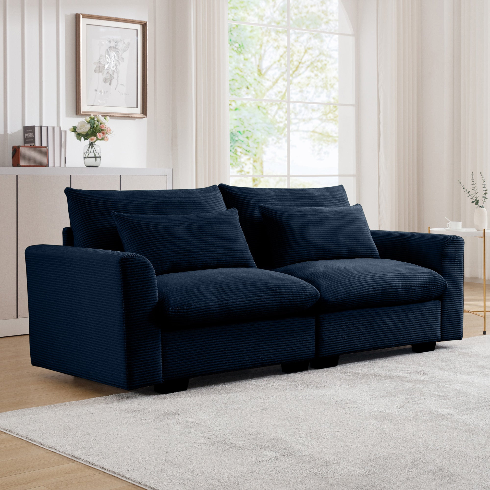 Modern Sofa 2 Seater Corduroy Fabric Sofa with Armrests for Apartment Living Room, Bule